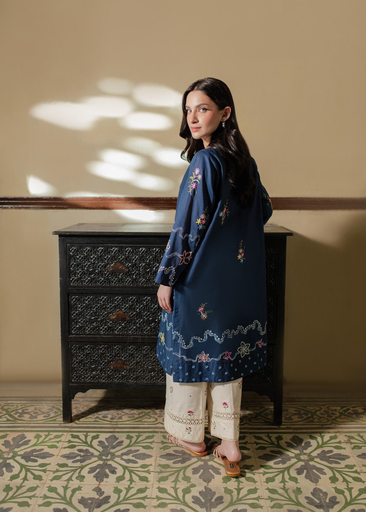Azulie Navy Embroidered Kurta by Women 1pcs