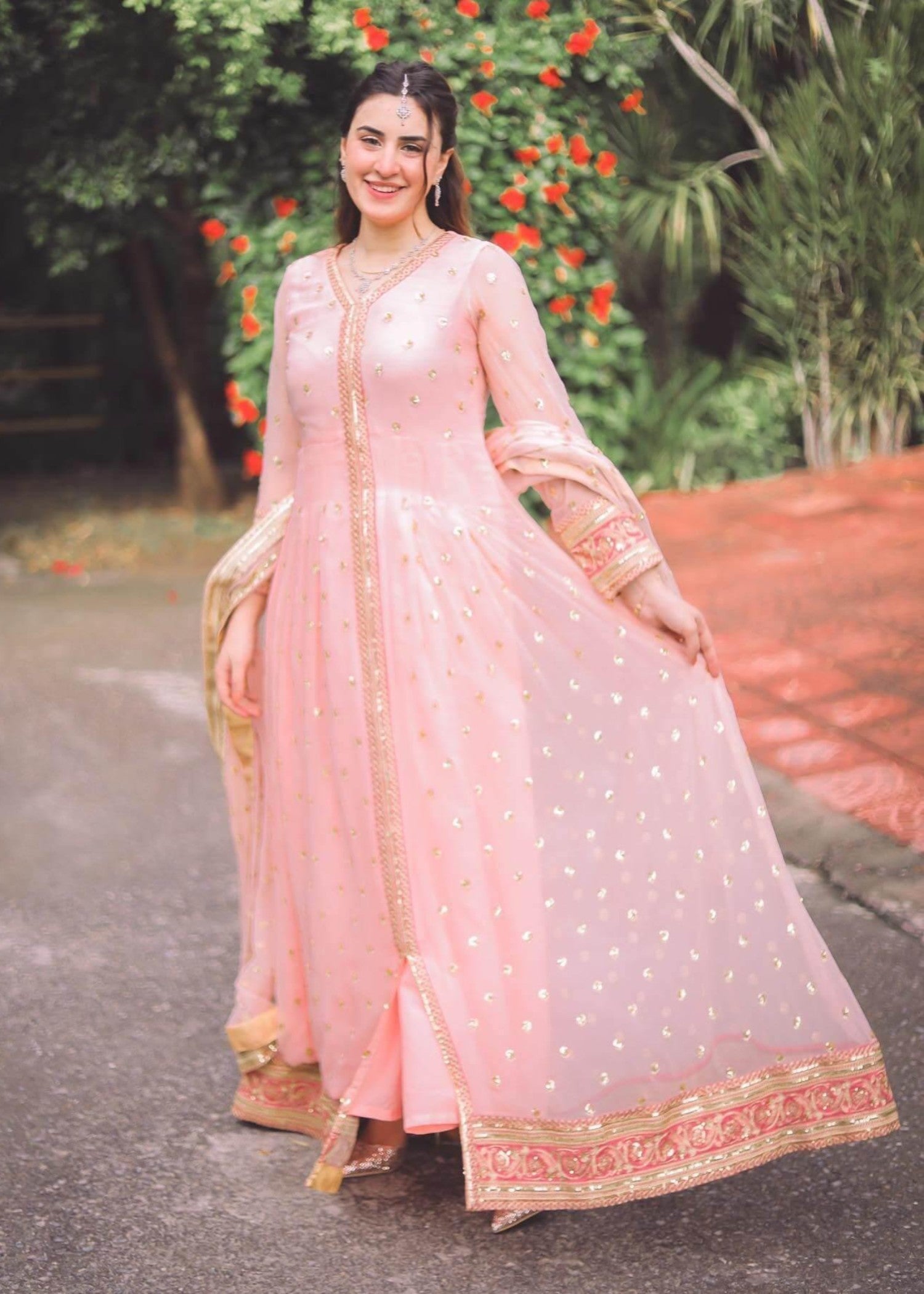 Akhrot Clothing Pink Flared Frock Women 3pcs