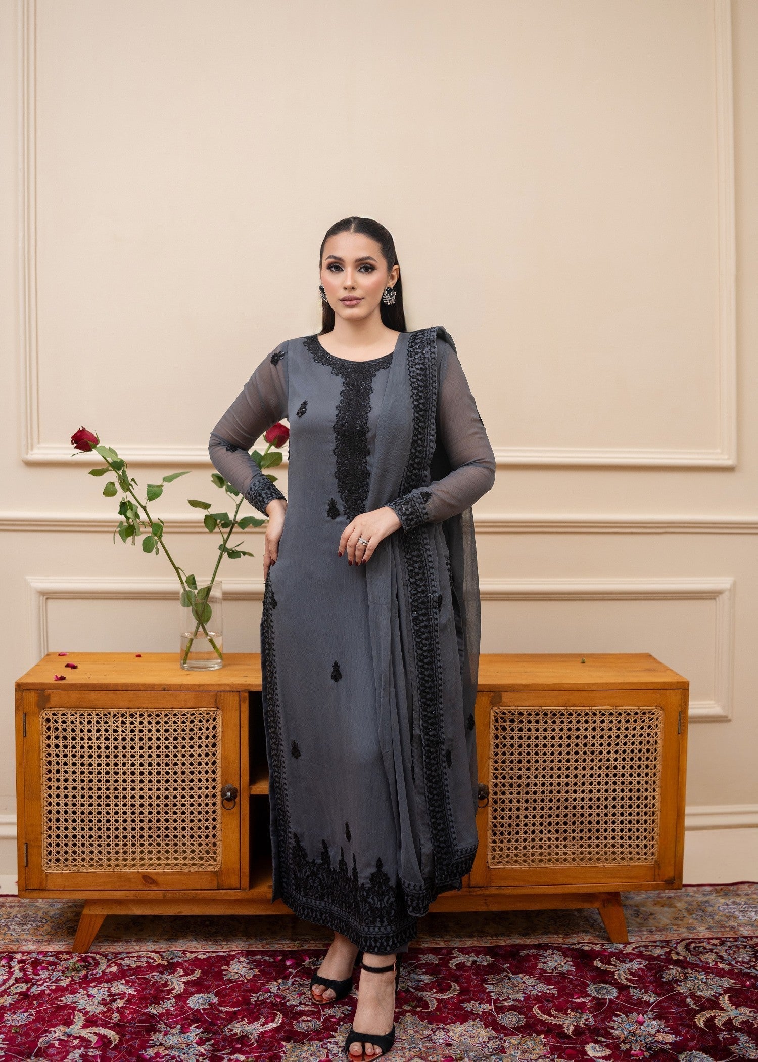 Alyssa GREY CHIFFON SUIT ALL308 Women 3pcs