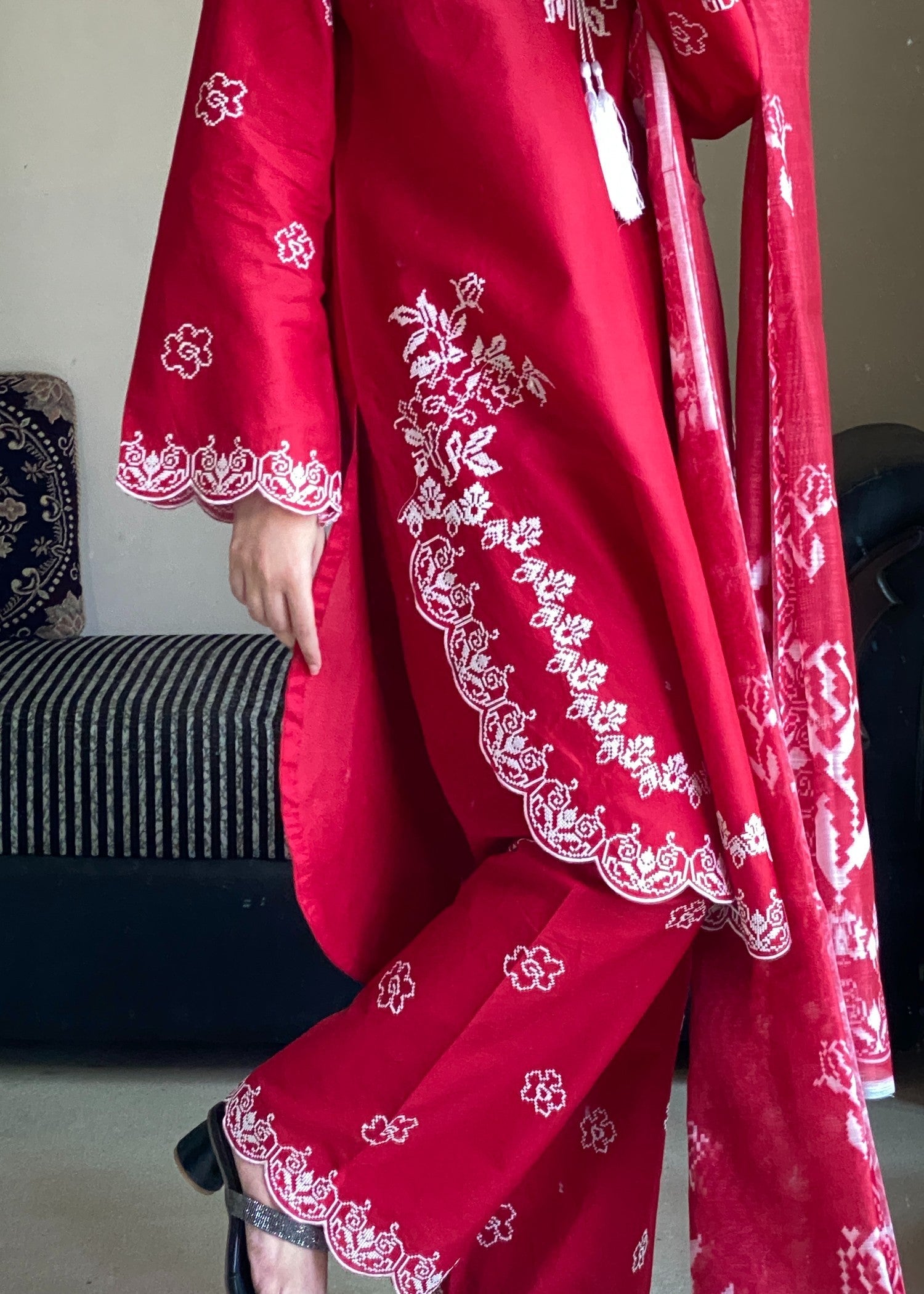 Attirepret Red Cotton Suit | Cross Stitch Embroidery Women 3pcs