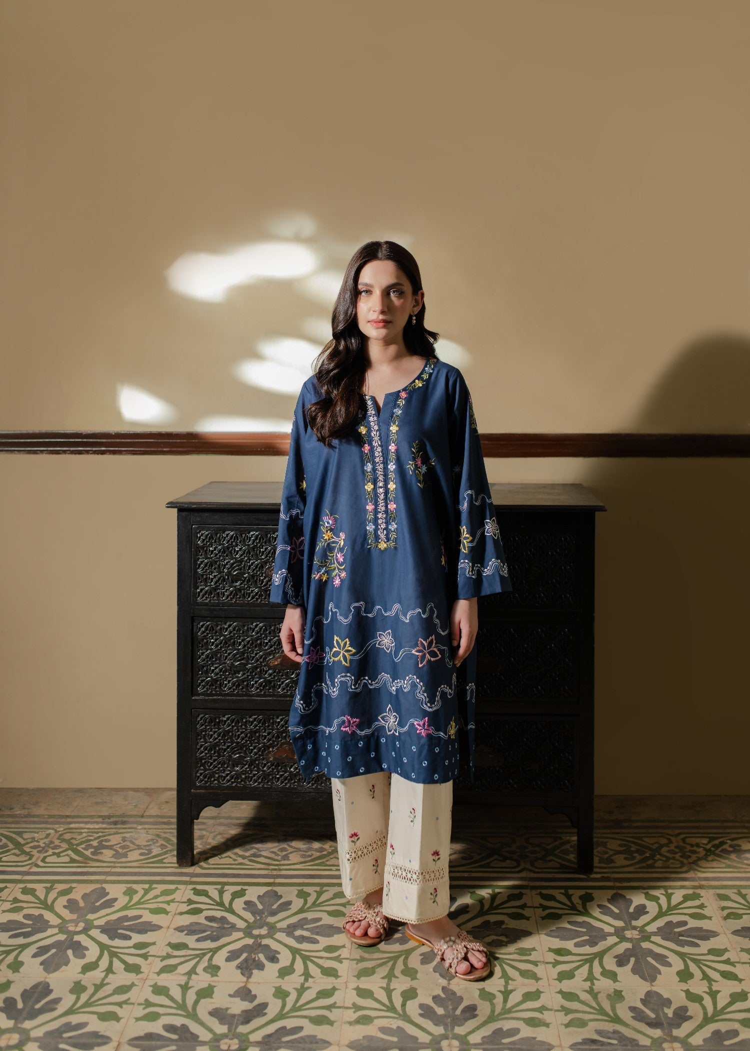 Azulie Navy Embroidered Kurta by Women 1pcs