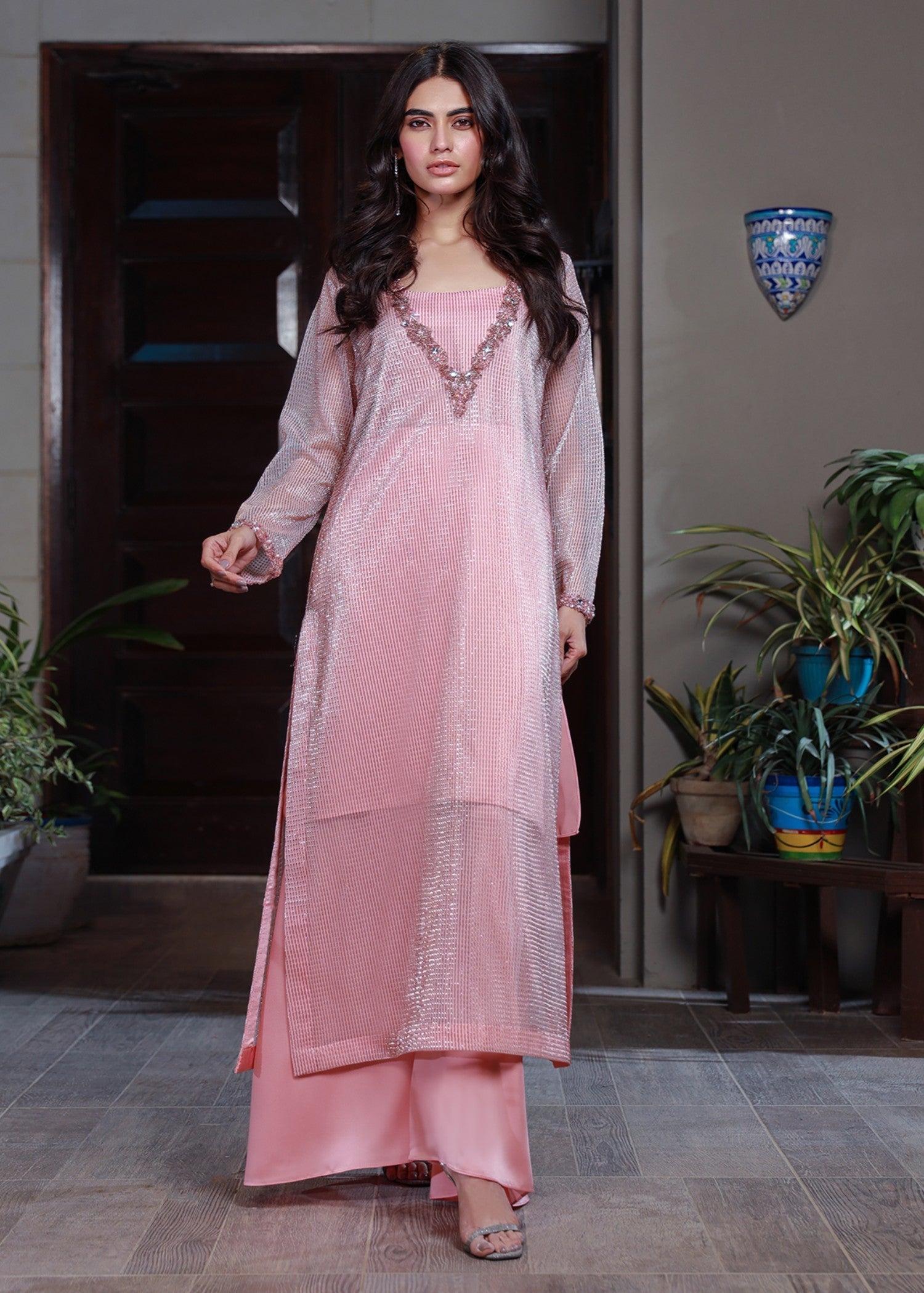 VELOUR Sparkling Pink Hand Embroidered Dress Women 3pcs