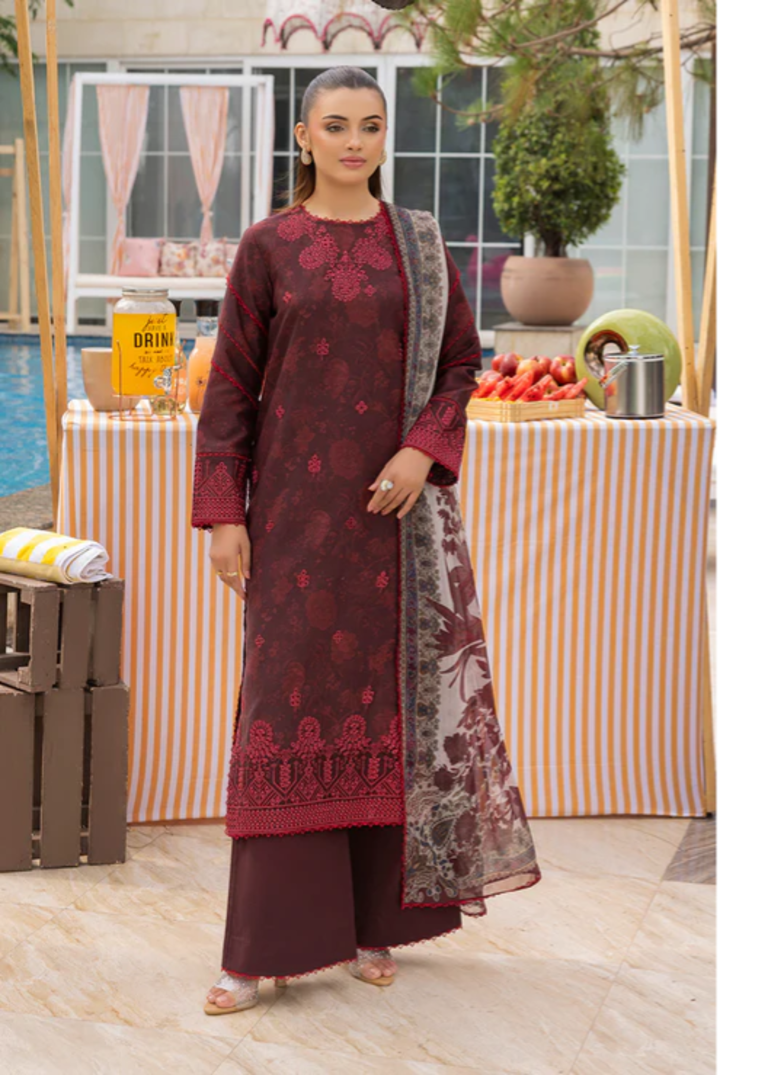 Meeral Luxe Mehroon Twilight Flora Women 3pcs