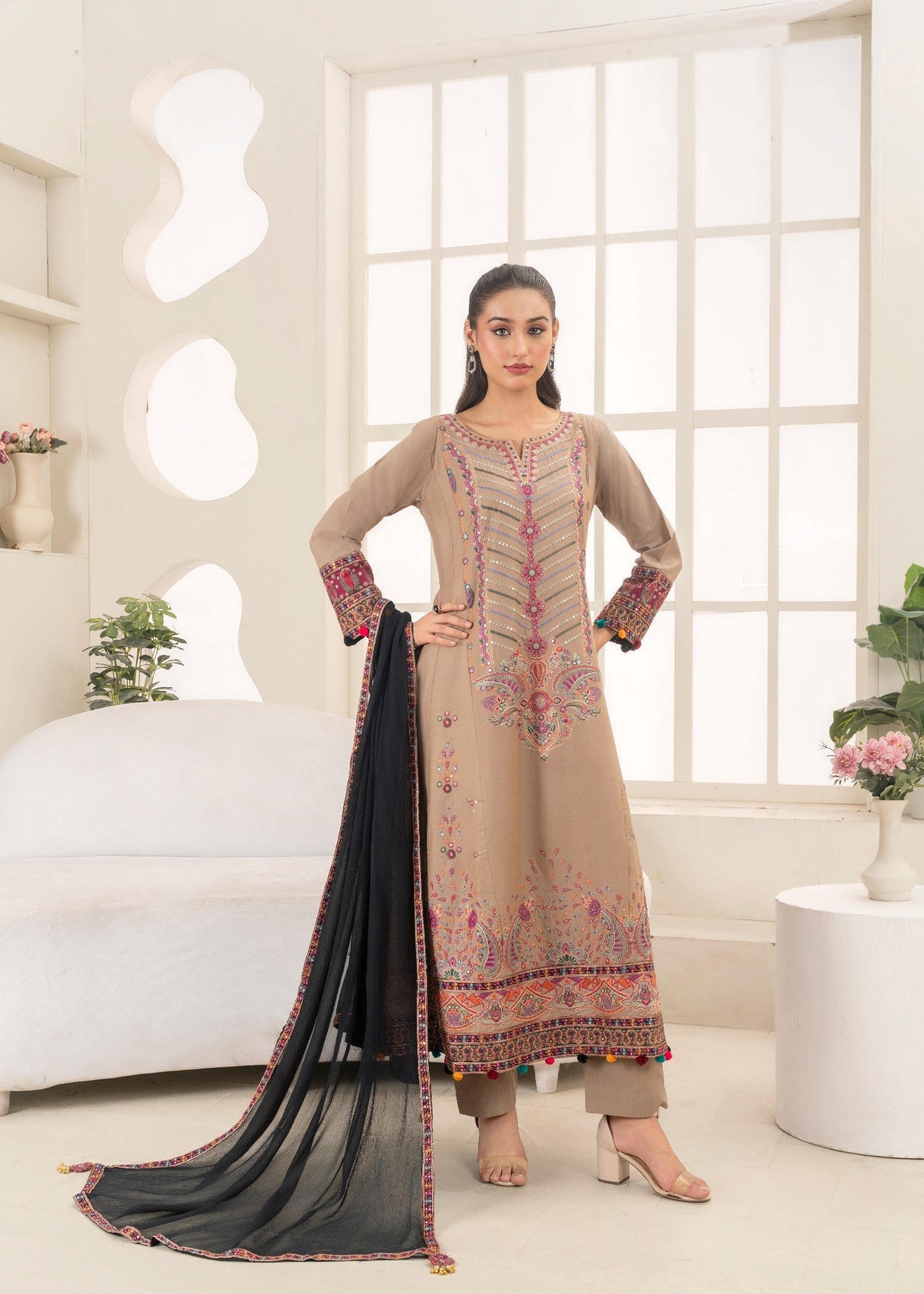 Khubsurat 4090 KH CT Almon Brown Embroidery Pishwas Cotton Women 3pcs