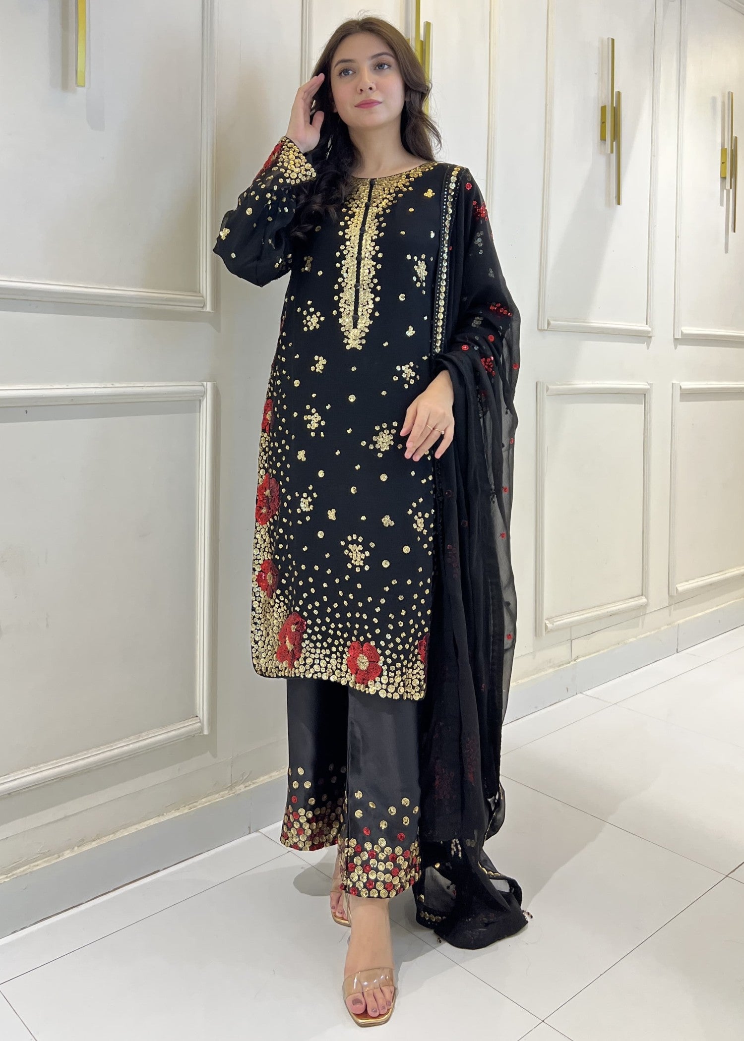 Shrenz Pret Shrenz Black Sequence Pret Chiffon Women 3pcs