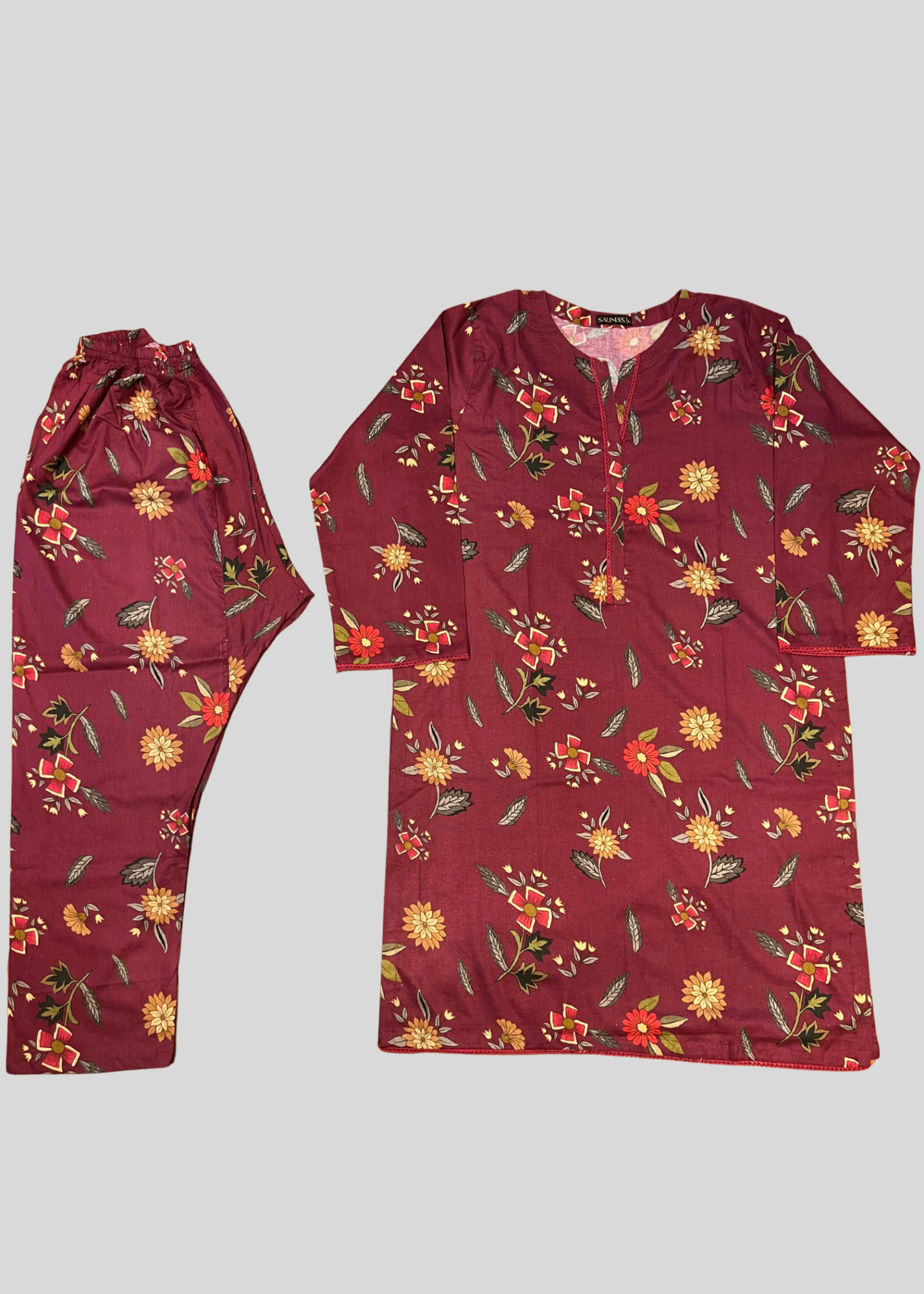 Salimas Stitched Lawn Suit – Maroon Floral Spring Wear Women 2pcs