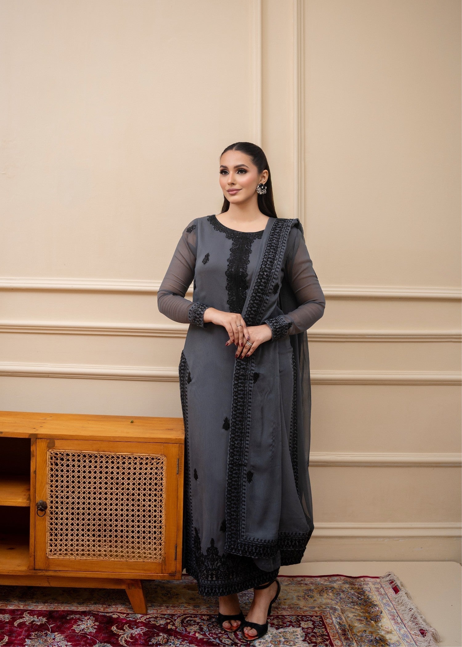 Alyssa GREY CHIFFON SUIT ALL308 Women 3pcs