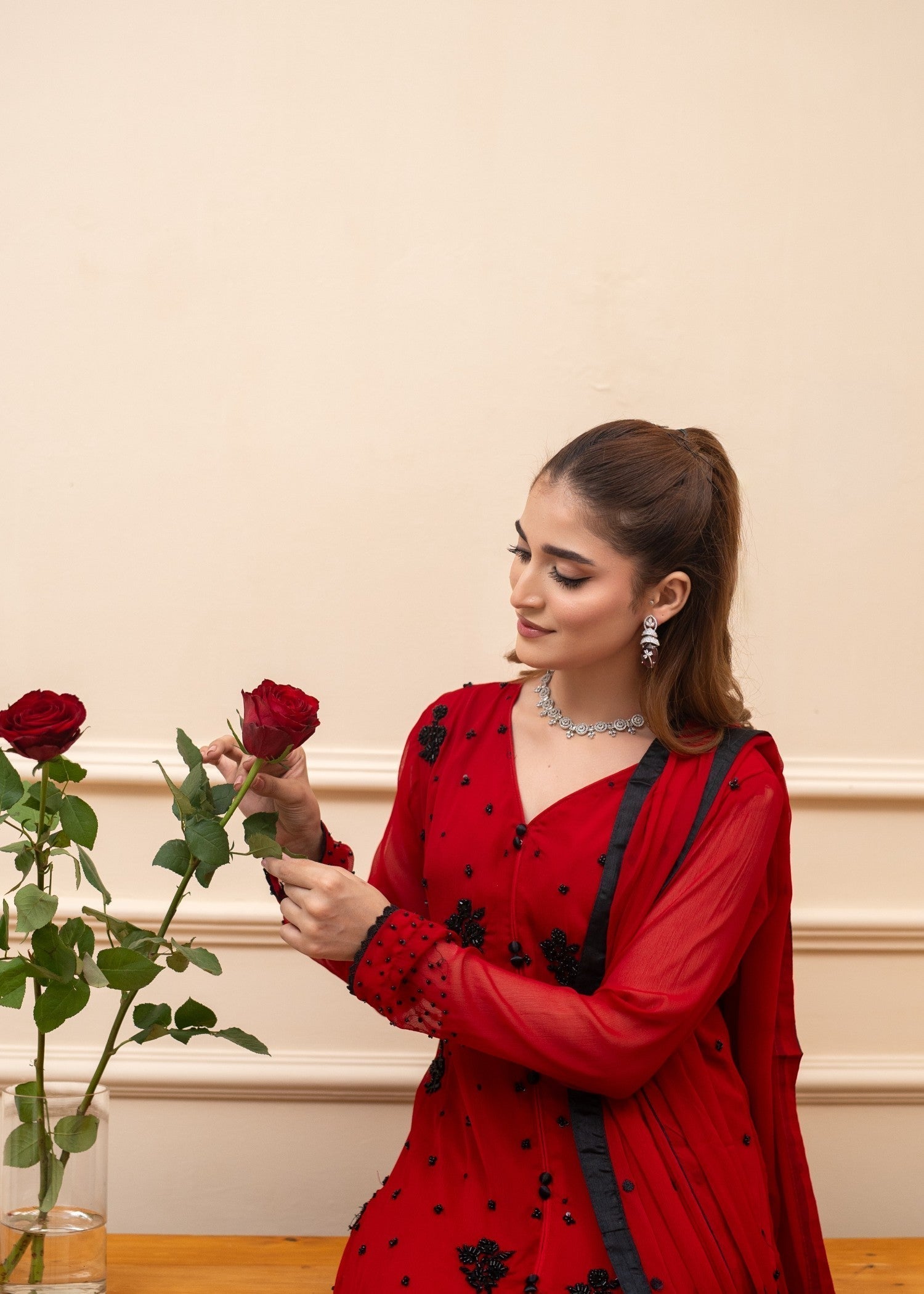 Alyssa RED CHIFFON SUIT ALL115 Women 3pcs