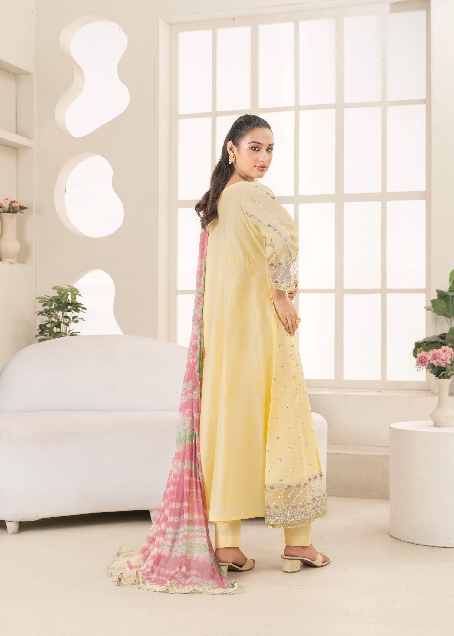 Khubsurat 3802 KH CT Lemon Embroidery Long Frock Cotton Women 3pcs