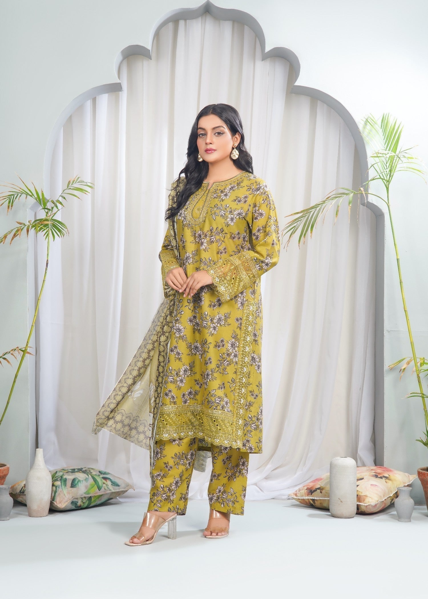 Dareechay Yellow Green Print Suit FOP38 Women 3pcs