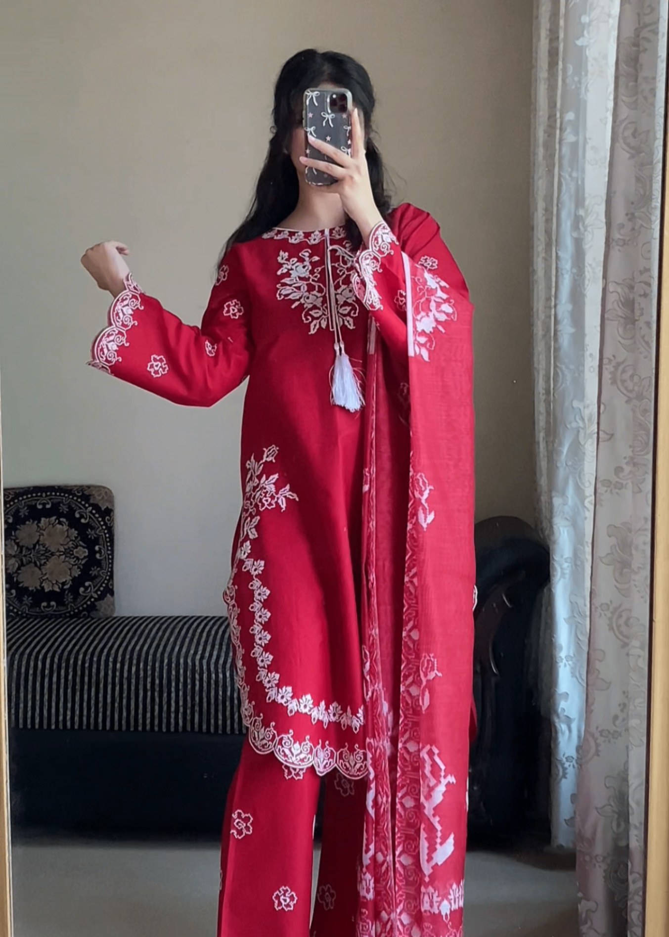 Attirepret Red Cotton Suit | Cross Stitch Embroidery Women 3pcs