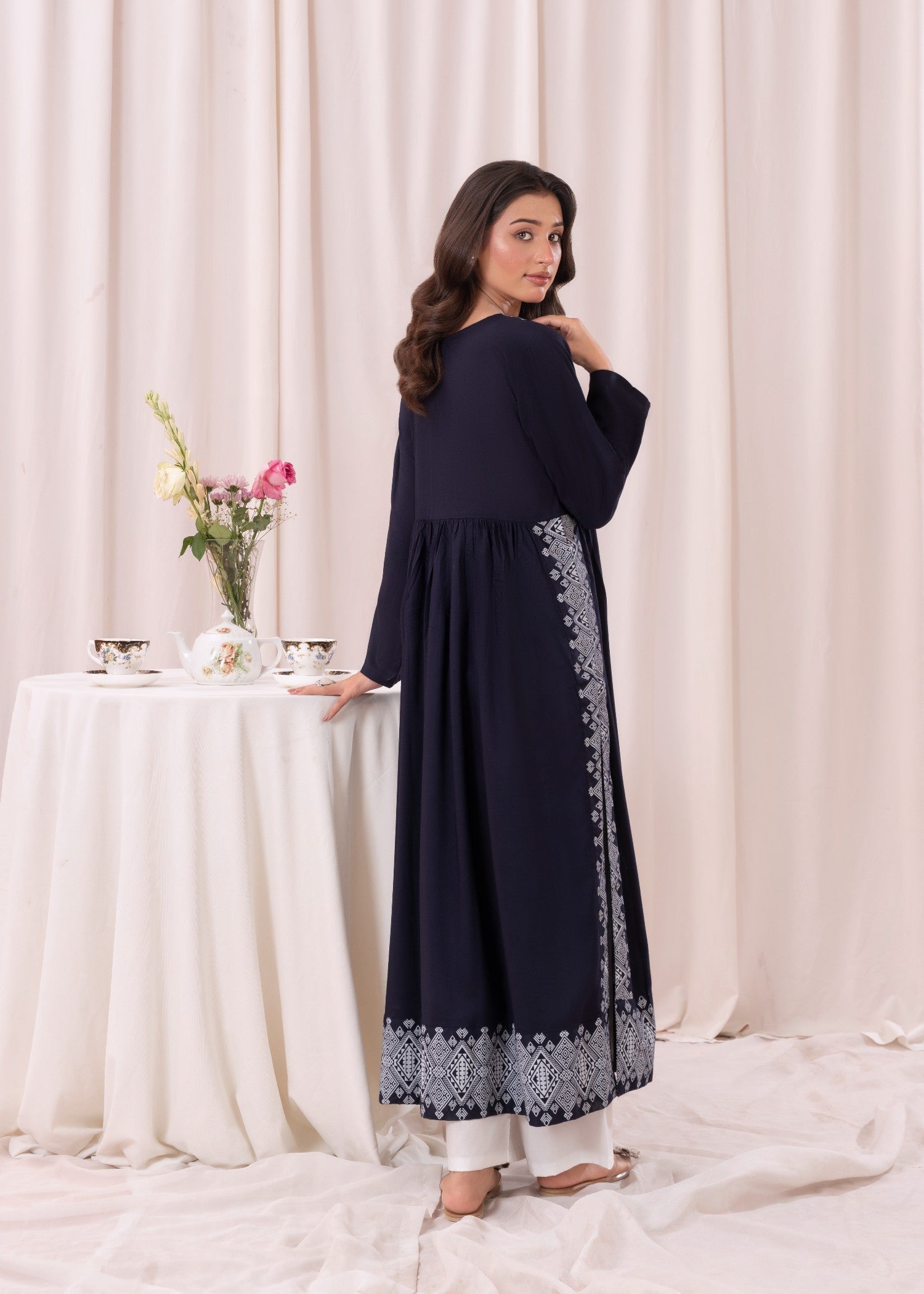 Laal Kurti Blue White printed long kurta D118 Women 1pcs