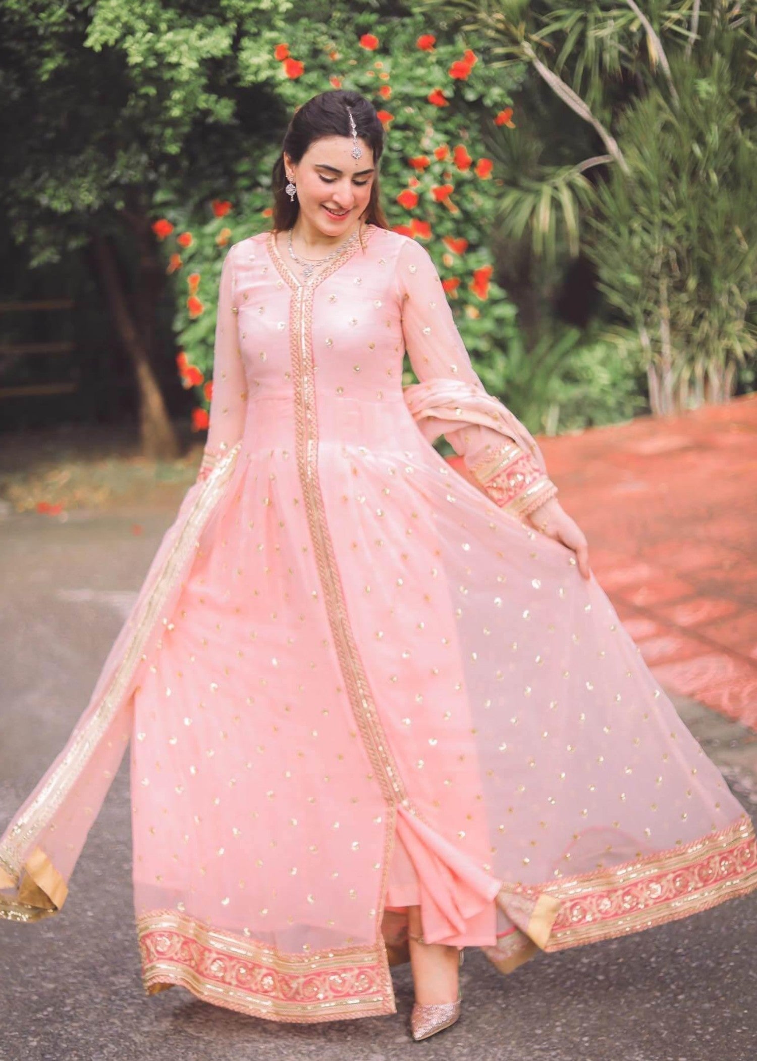 Akhrot Clothing Pink Flared Frock Women 3pcs