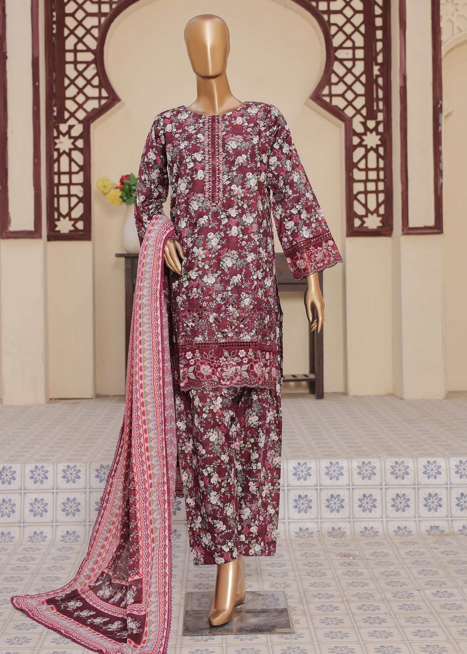 Suntex Fabrics MAROON Farshi Shalwar Printed Chikankari Embroidered Collection Women 3pcs