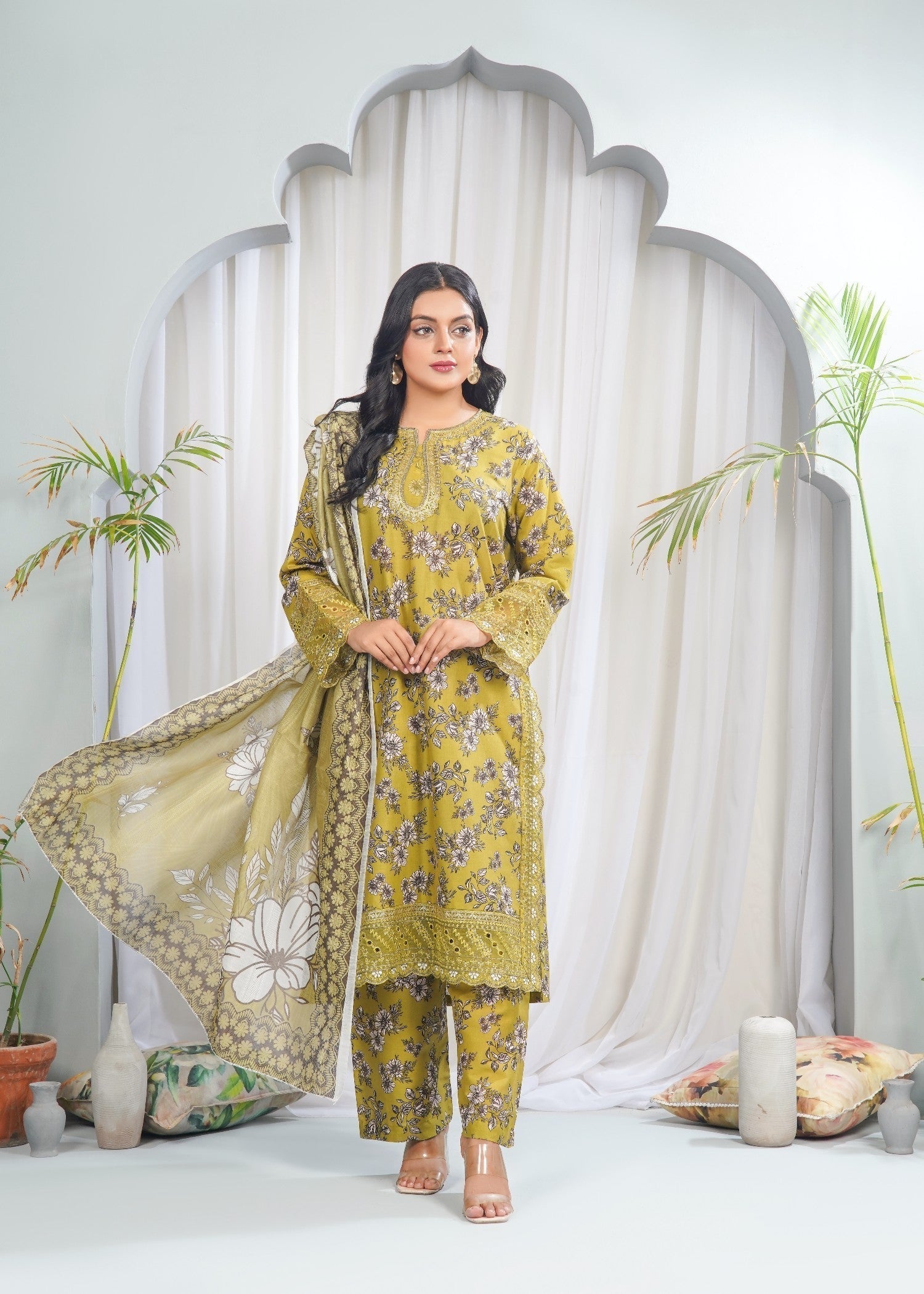 Dareechay Yellow Green Print Suit FOP38 Women 3pcs