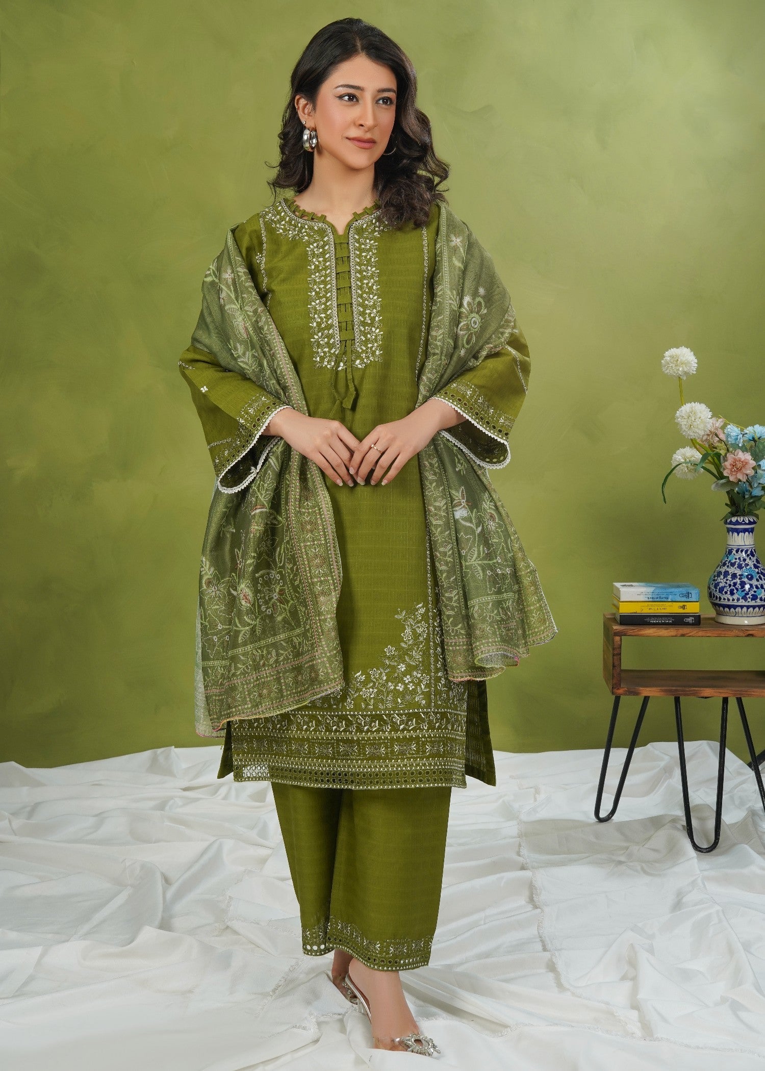 Dareechay Olive Green Embroidered Suite FOS55 Women 3pcs