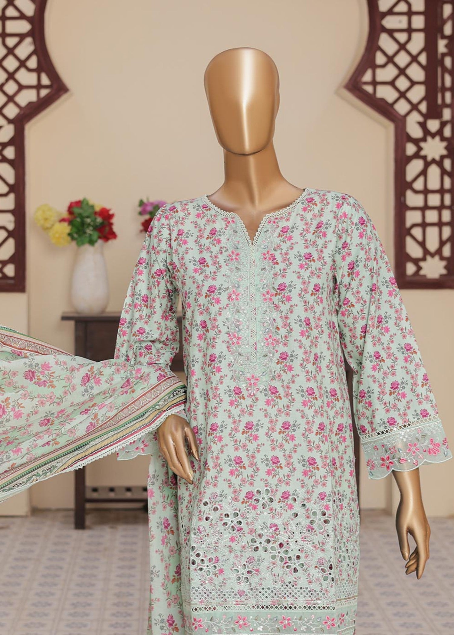 Suntex Fabrics Pastel Green Farshi Shalwar Printed Chikankari Embroidered Collection Women 3pcs