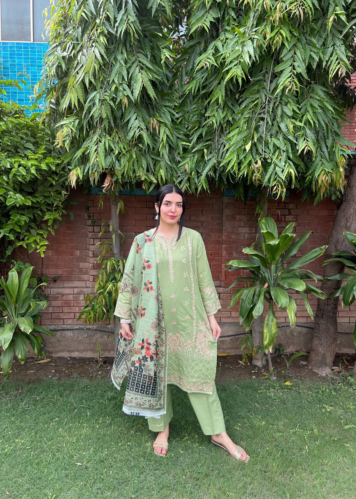 Attirepret Pista Green Cotton Embroidered Suit Women 3pcs