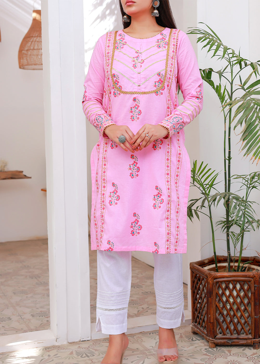 Green Block print Kurti Stitched Pink Women 1pcs