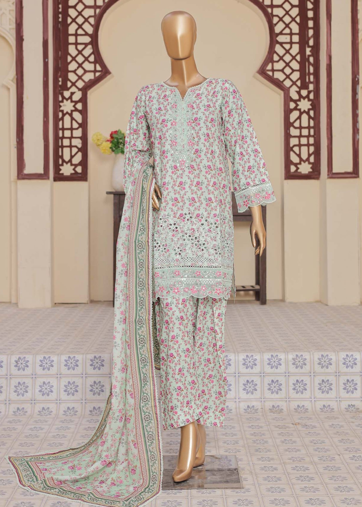 Suntex Fabrics Pastel Green Farshi Shalwar Printed Chikankari Embroidered Collection Women 3pcs