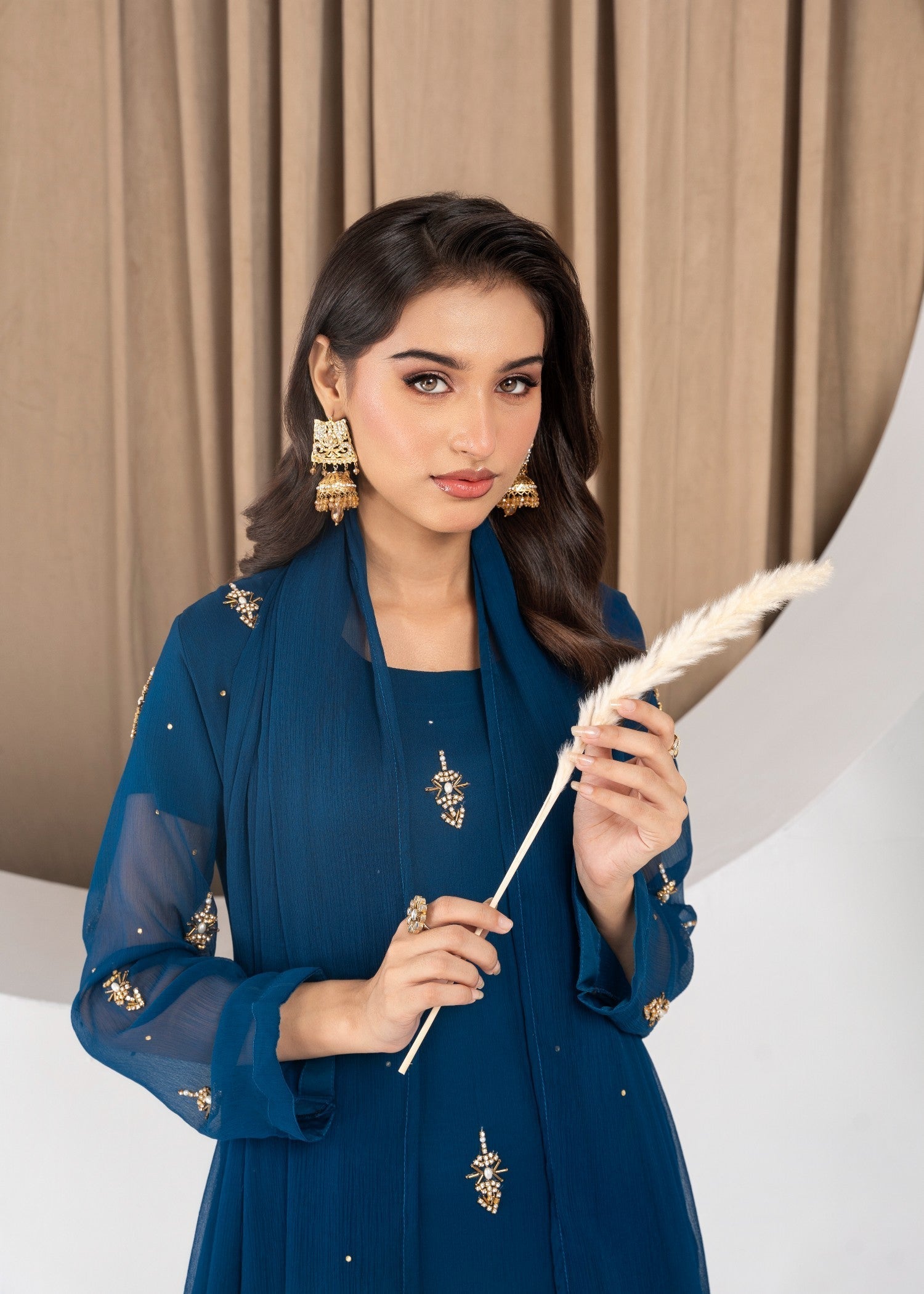 Hkb Officials Jasmine Midnight Teal Chiffon Flare Frock Women 3pcs