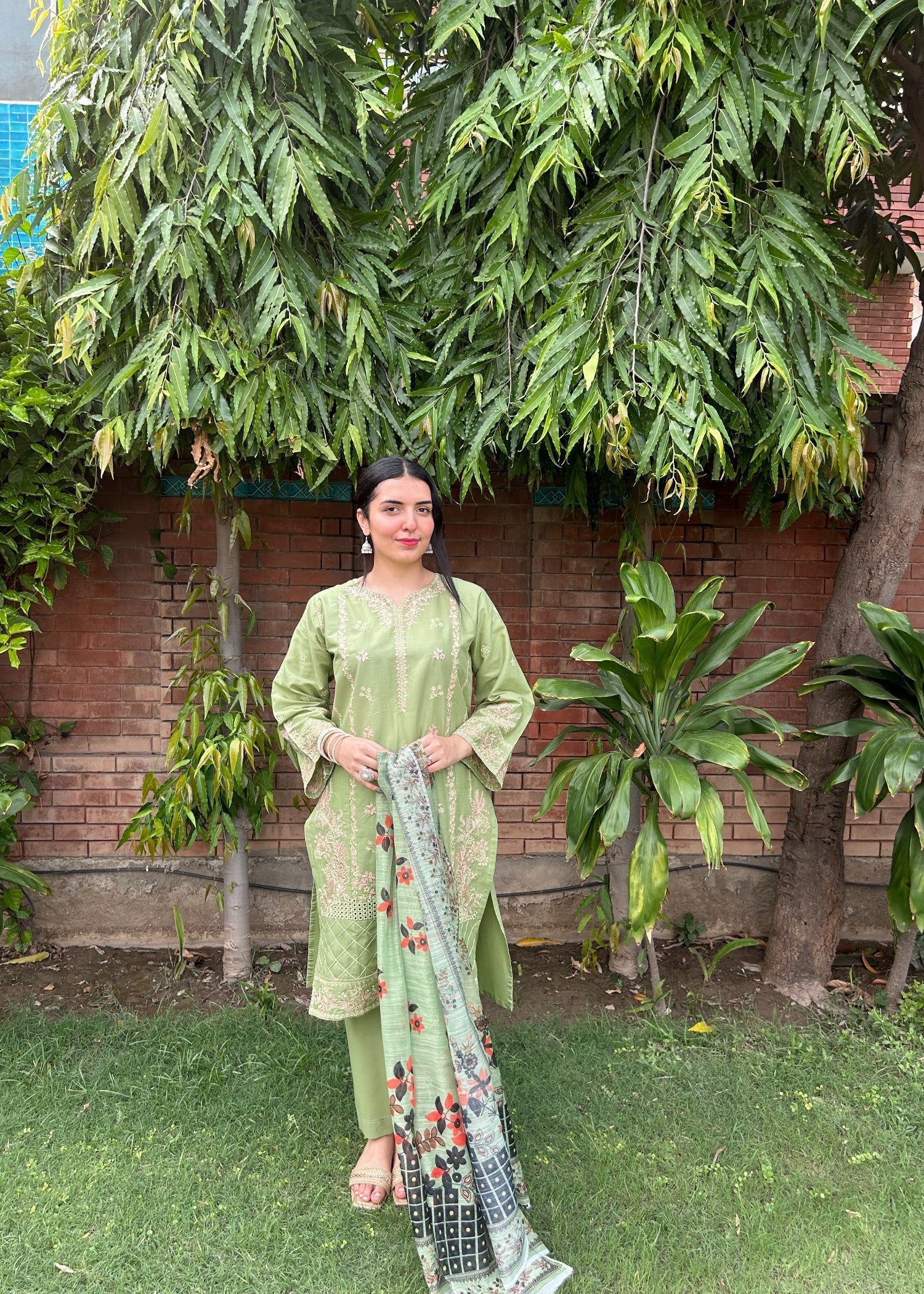 Attirepret Pista Green Cotton Embroidered Suit Women 3pcs