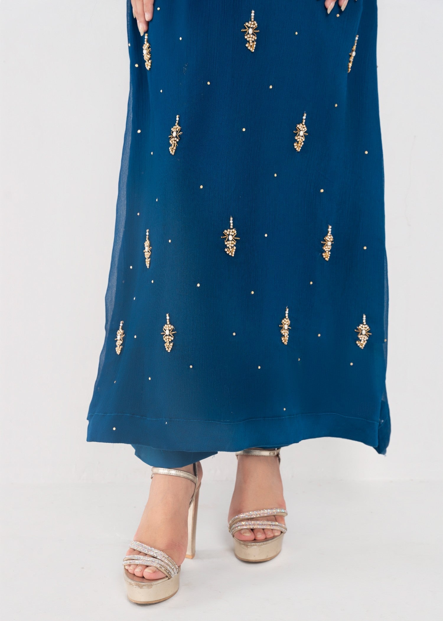 Hkb Officials Jasmine Midnight Teal Chiffon Flare Frock Women 3pcs