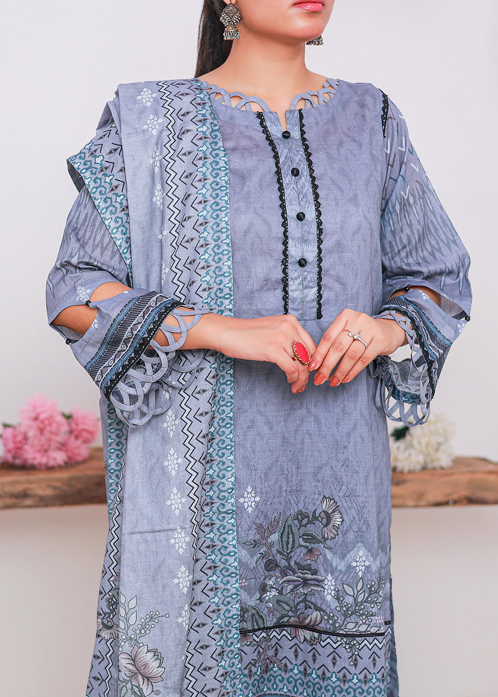 Green Gray printed stitched lawn suit Women 3pcs
