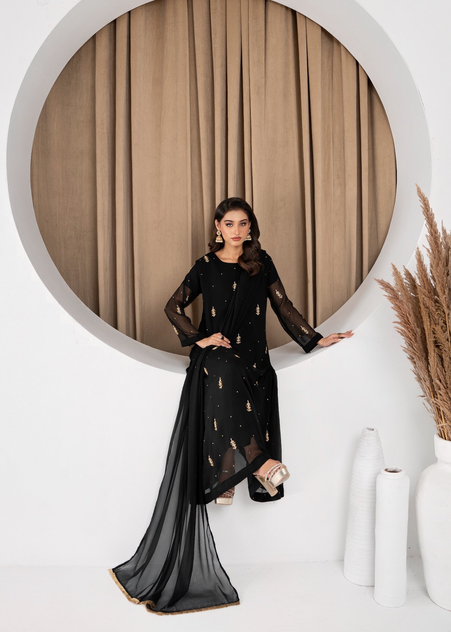 Hkb Officials Jasmine Black Chiffon Flare Frock Women 3pcs