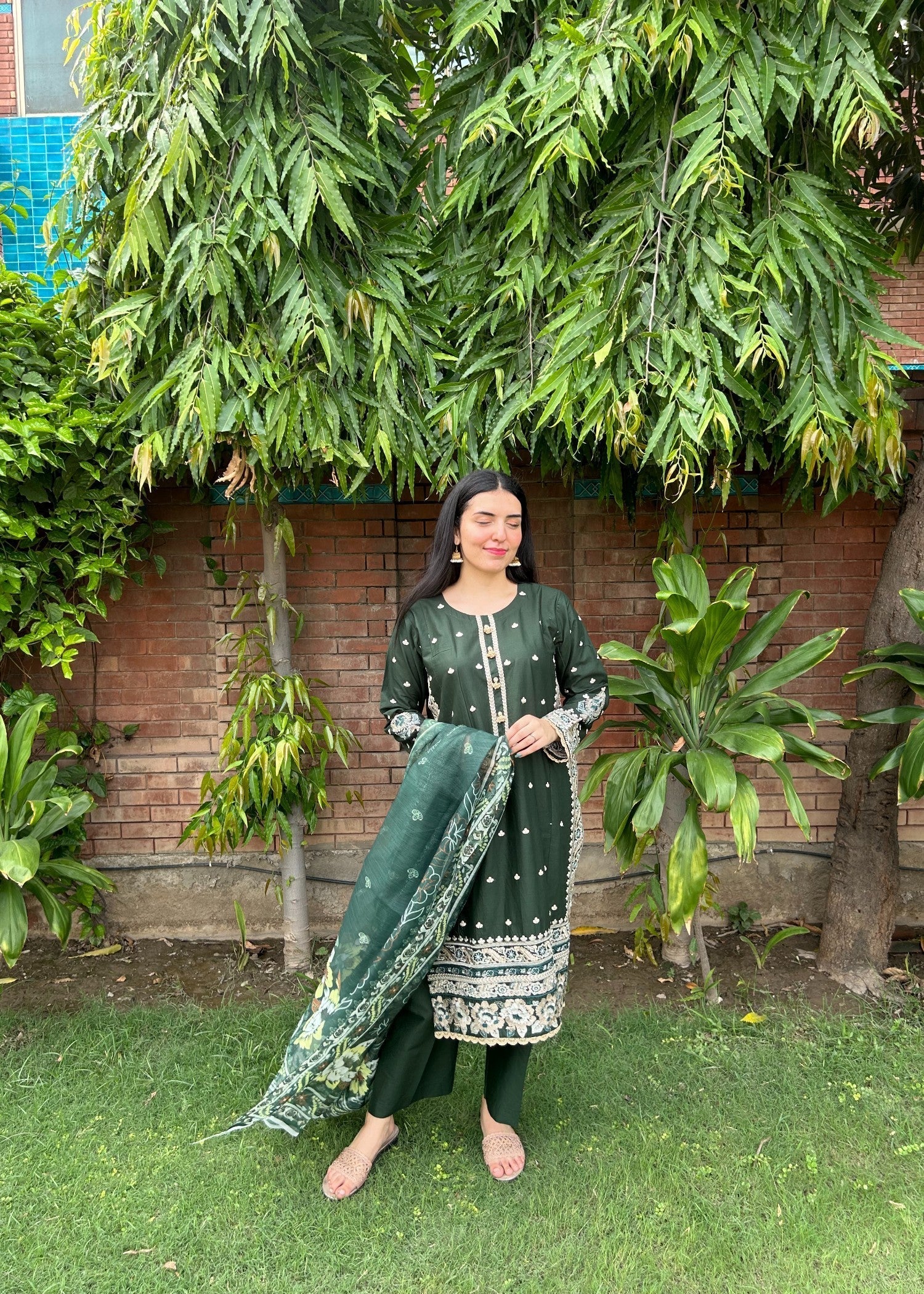 Attirepret Dark Green Viscose Embroidered Cotton Suit Women 3pcs