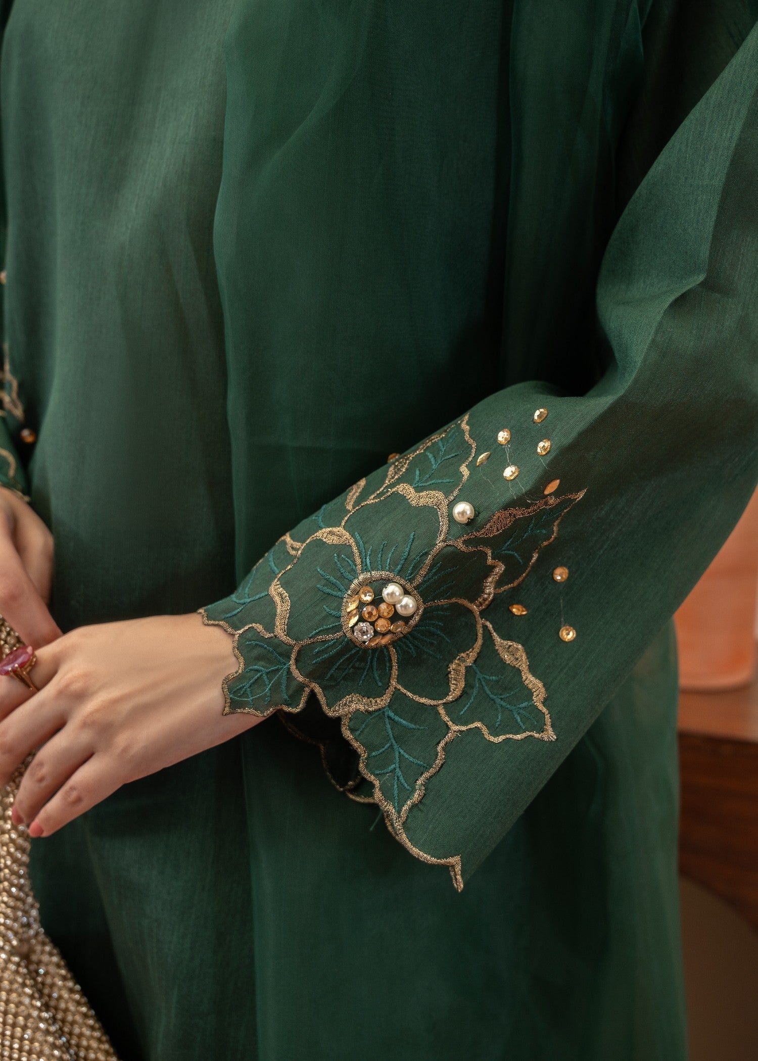 Naaz Couture Hand Embellished Raw Silk Suit Bottle Green Women 3pcs