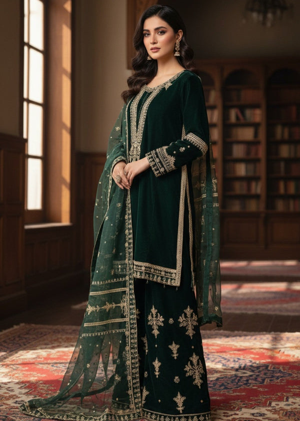 Pehnawa By Bin Akram’s Dark Green Regalia | Velvet Women 3pcs