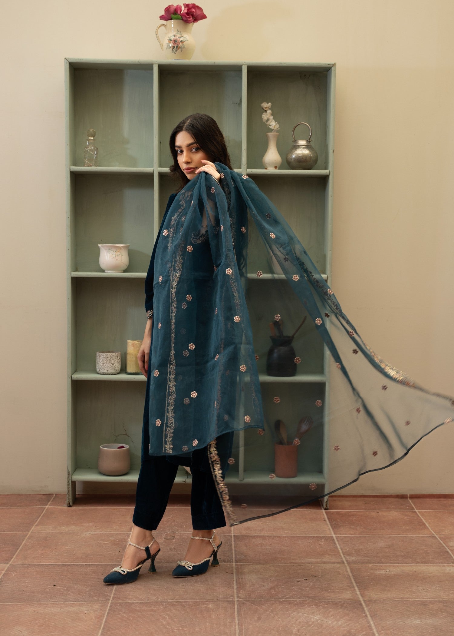 Naaz Couture Velvet Embroidered Suit Teal Women 3pcs