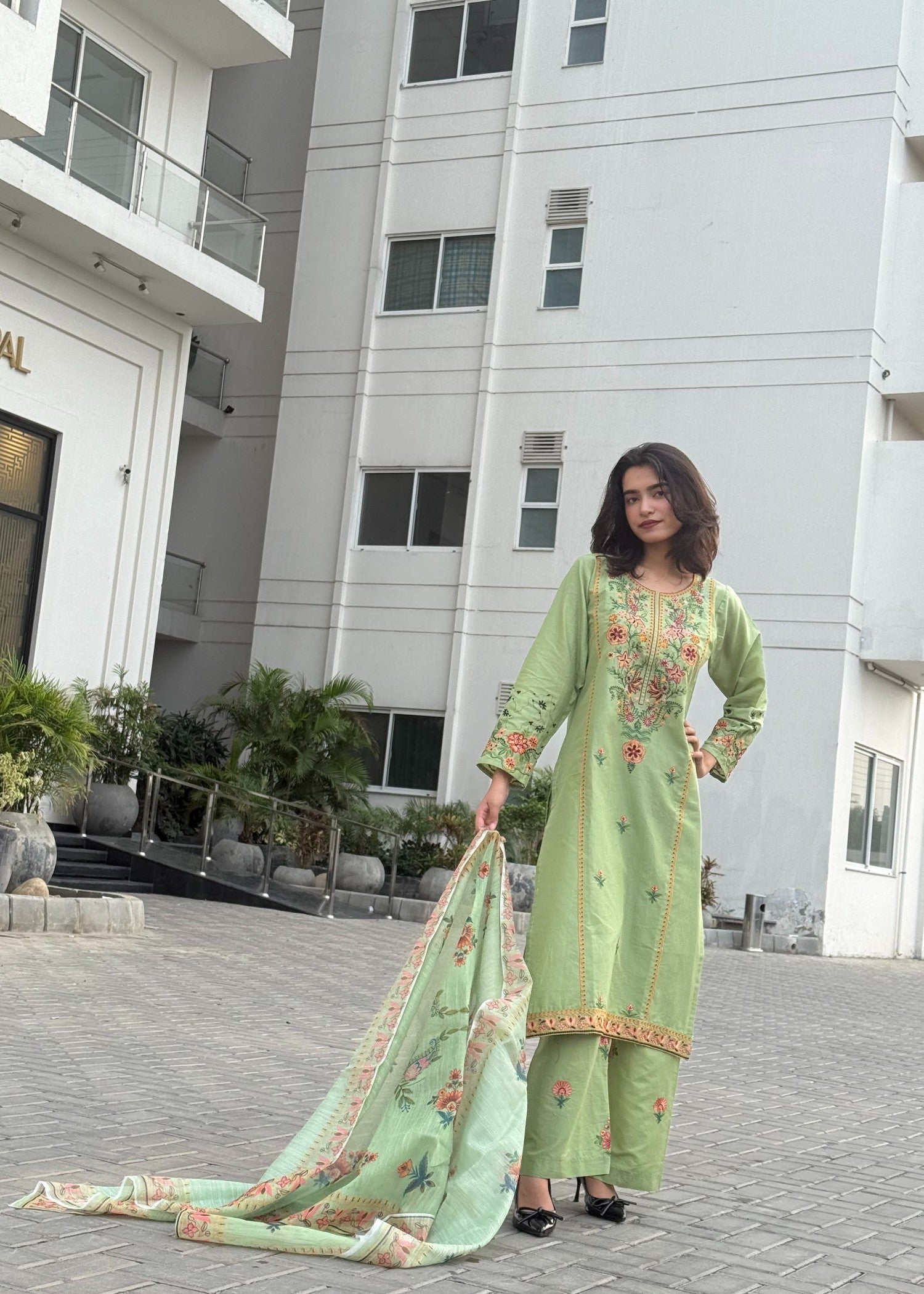 Attirepret Fresh Pistachio Bloom: Embroidered Cotton Suit Women 3pcs
