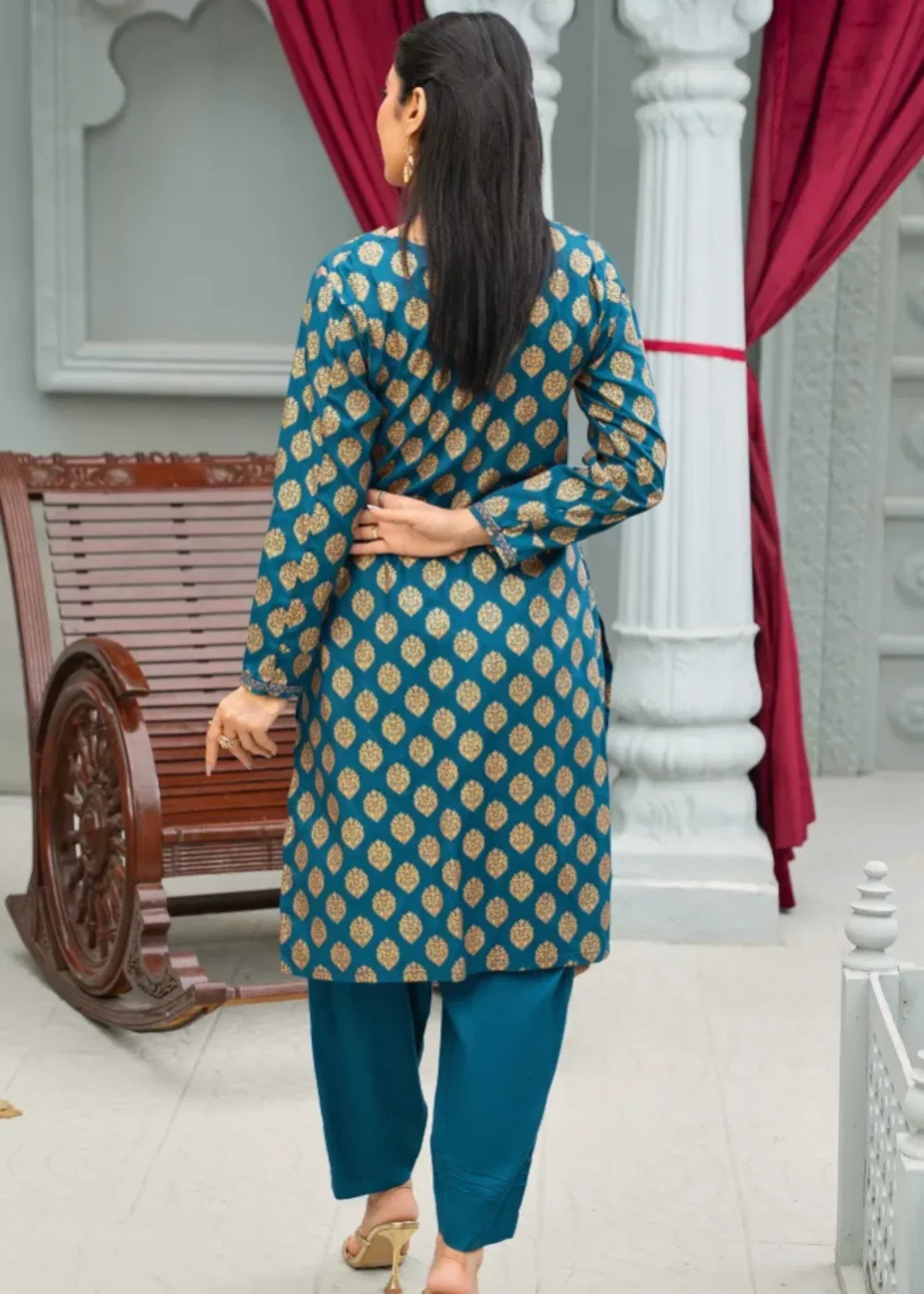 Designer Rack block print teal blue Women 2pcs