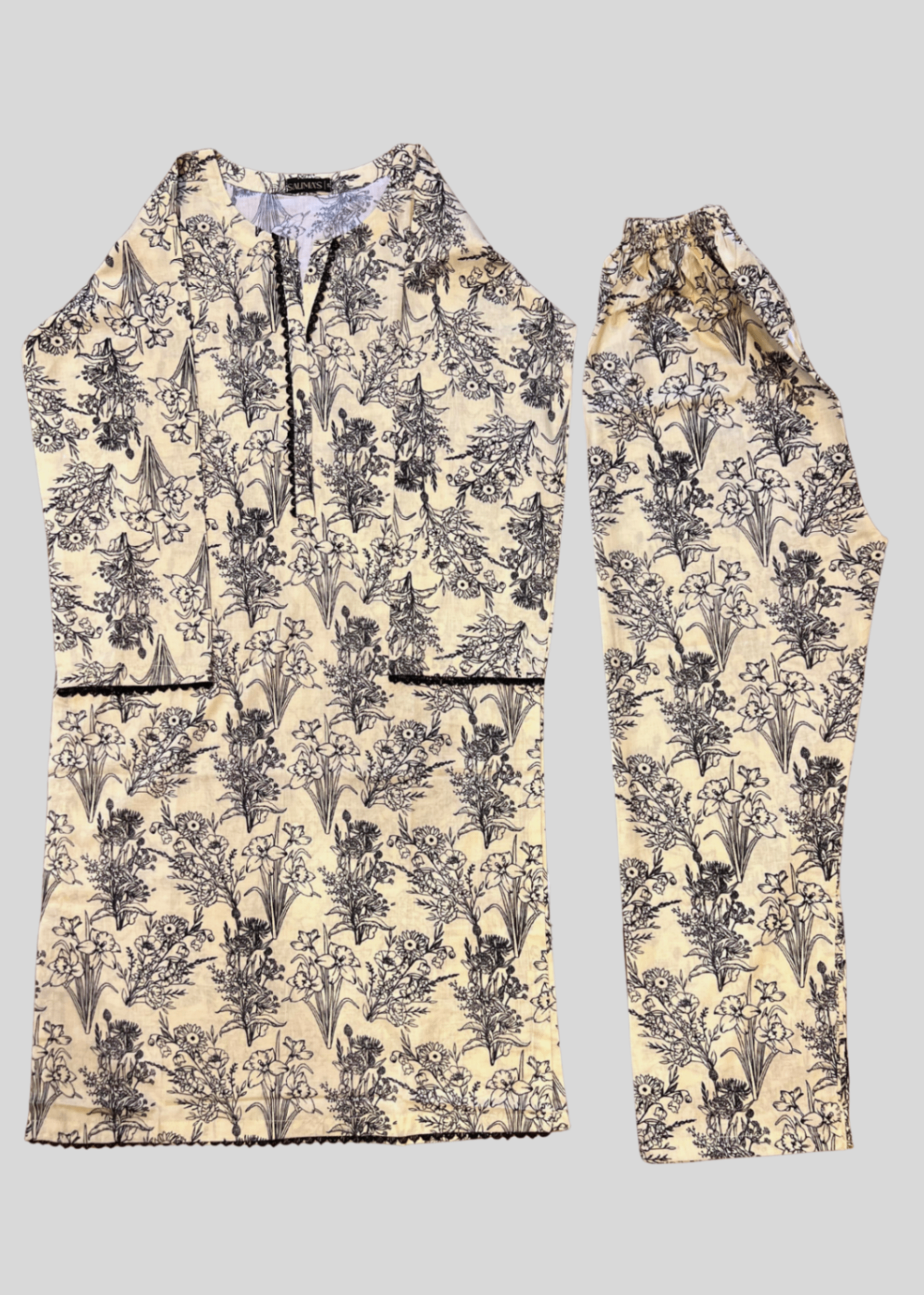 Salimas Women’s Stitched Lawn Suit – Beige with Black Floral Print (Spring Collection) Women 2pcs