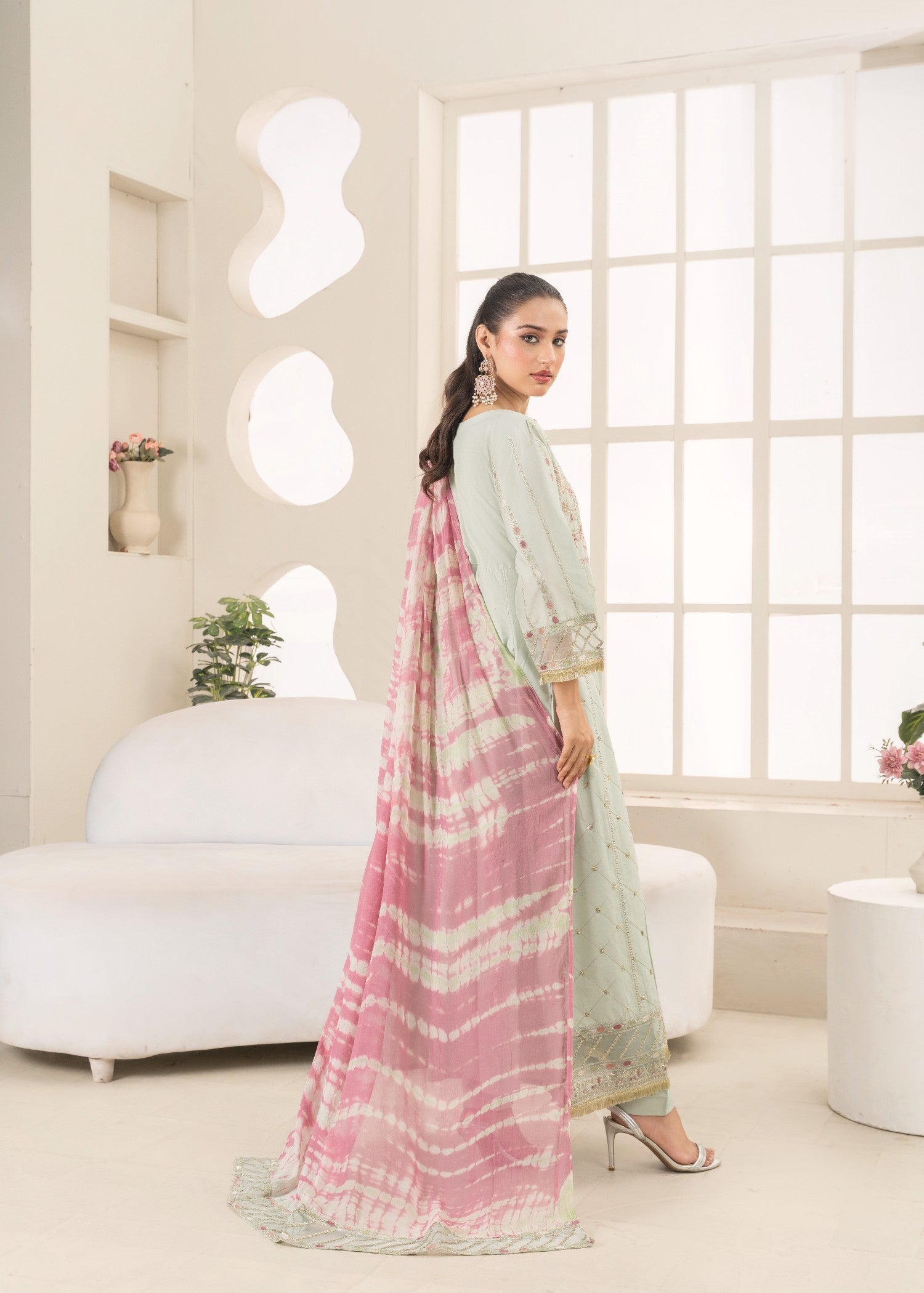 Khubsurat 3802 KH CT Tea Green Embroidery Long Frock Cotton Women 3pcs