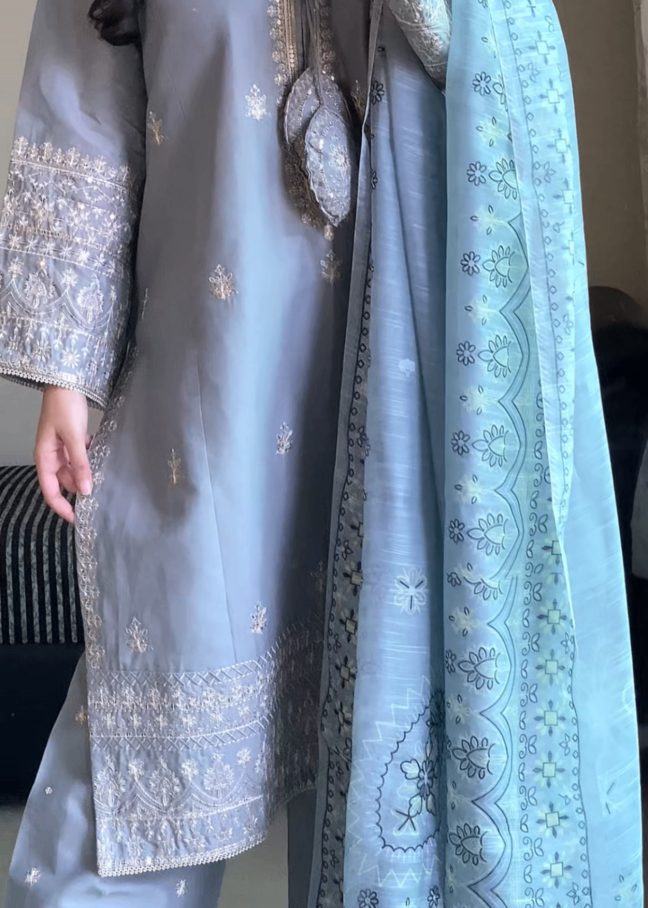 Attirepret Pastel Grey Embroidered Cotton Suit – By Women 3pcs