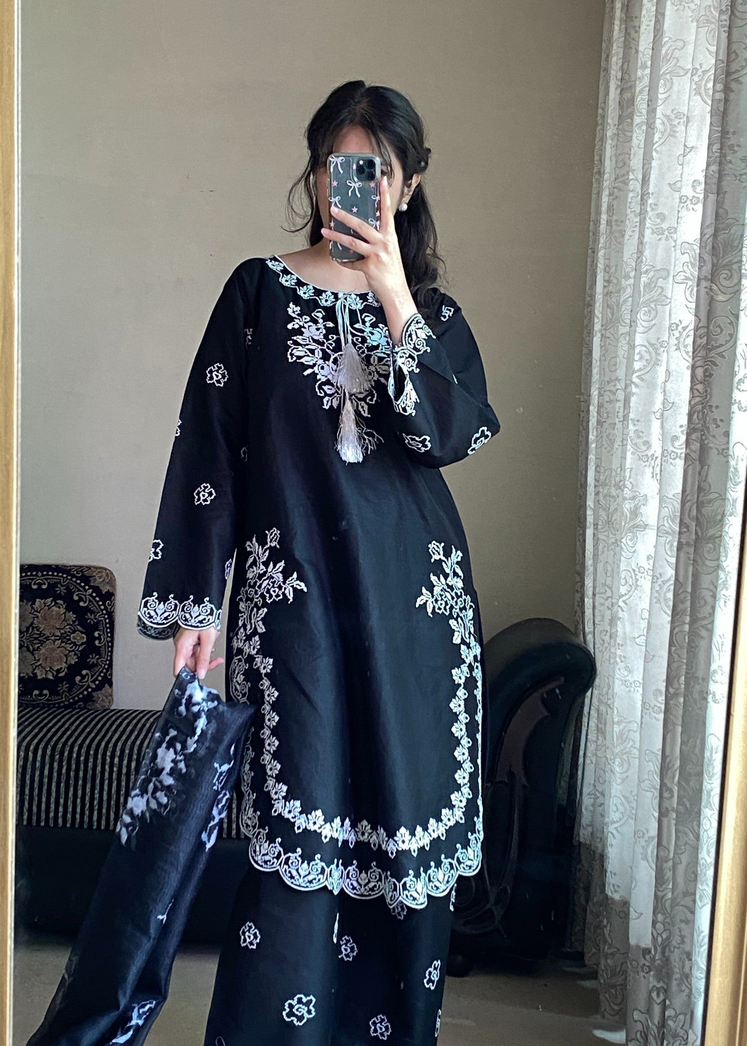 Attirepret Black Embroidered Cotton Suit Women 3pcs