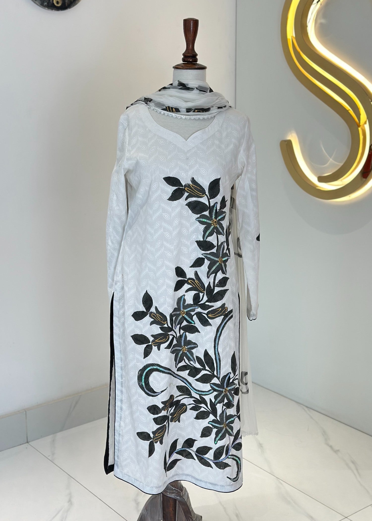 Symas Black Hand Painted Shirt and Dupatta Women 2pcs