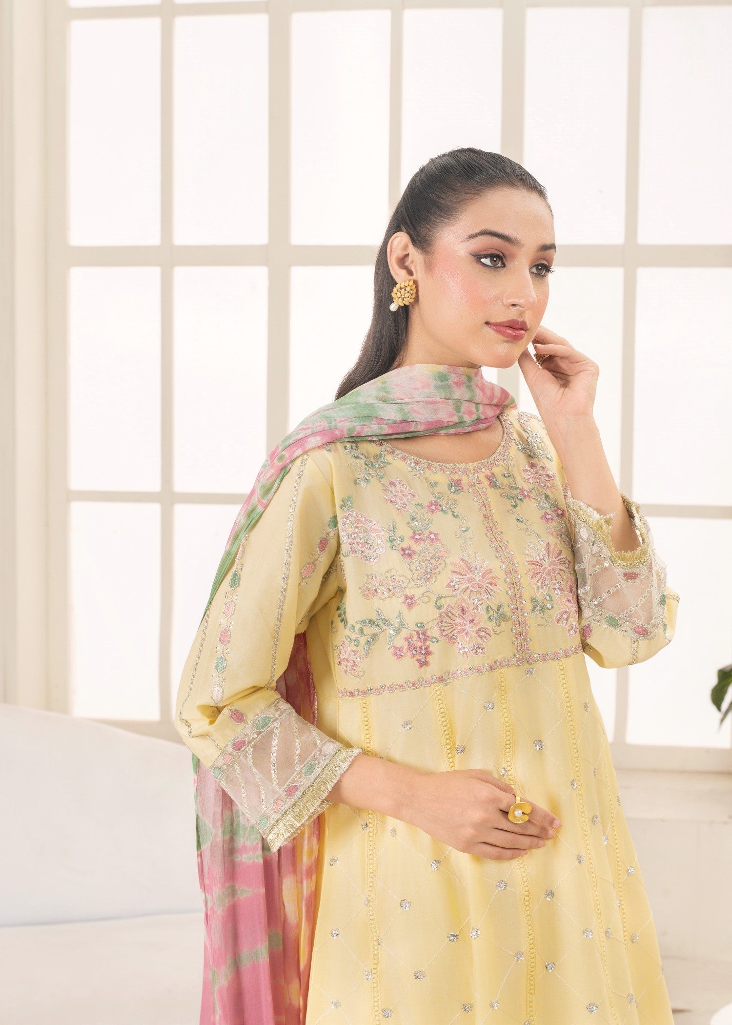 Khubsurat 3802 KH CT Lemon Embroidery Long Frock Cotton Women 3pcs