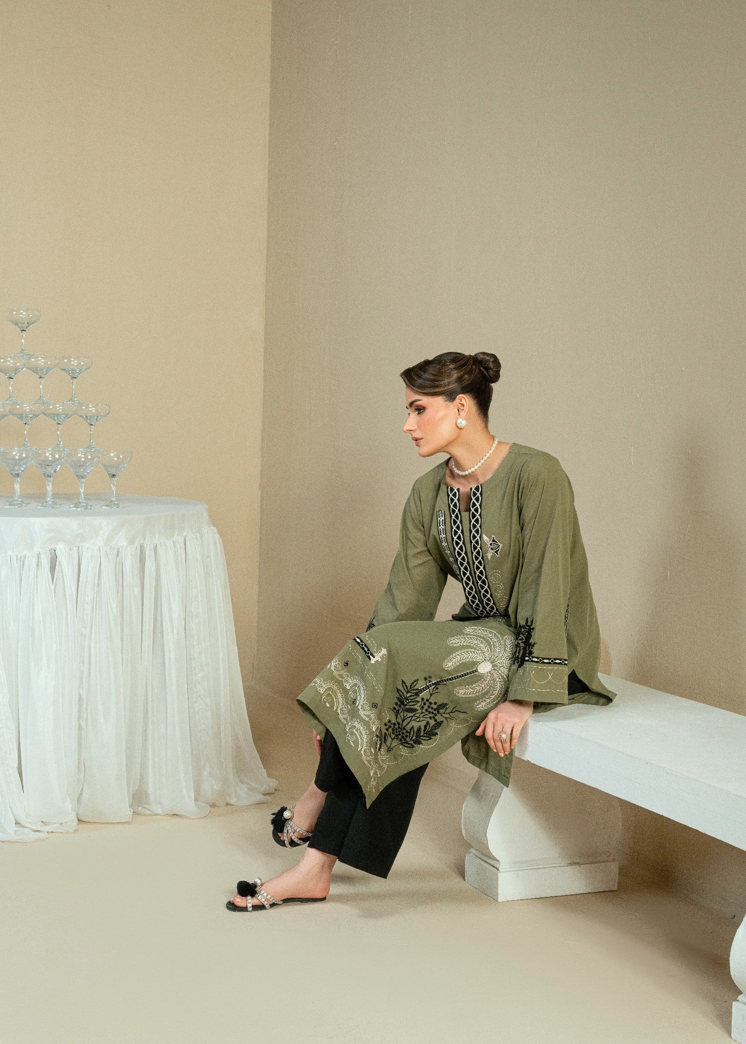 Kaanthaa KPES03 OLIVE COTTON DOBBY STITCHED Women 2pcs