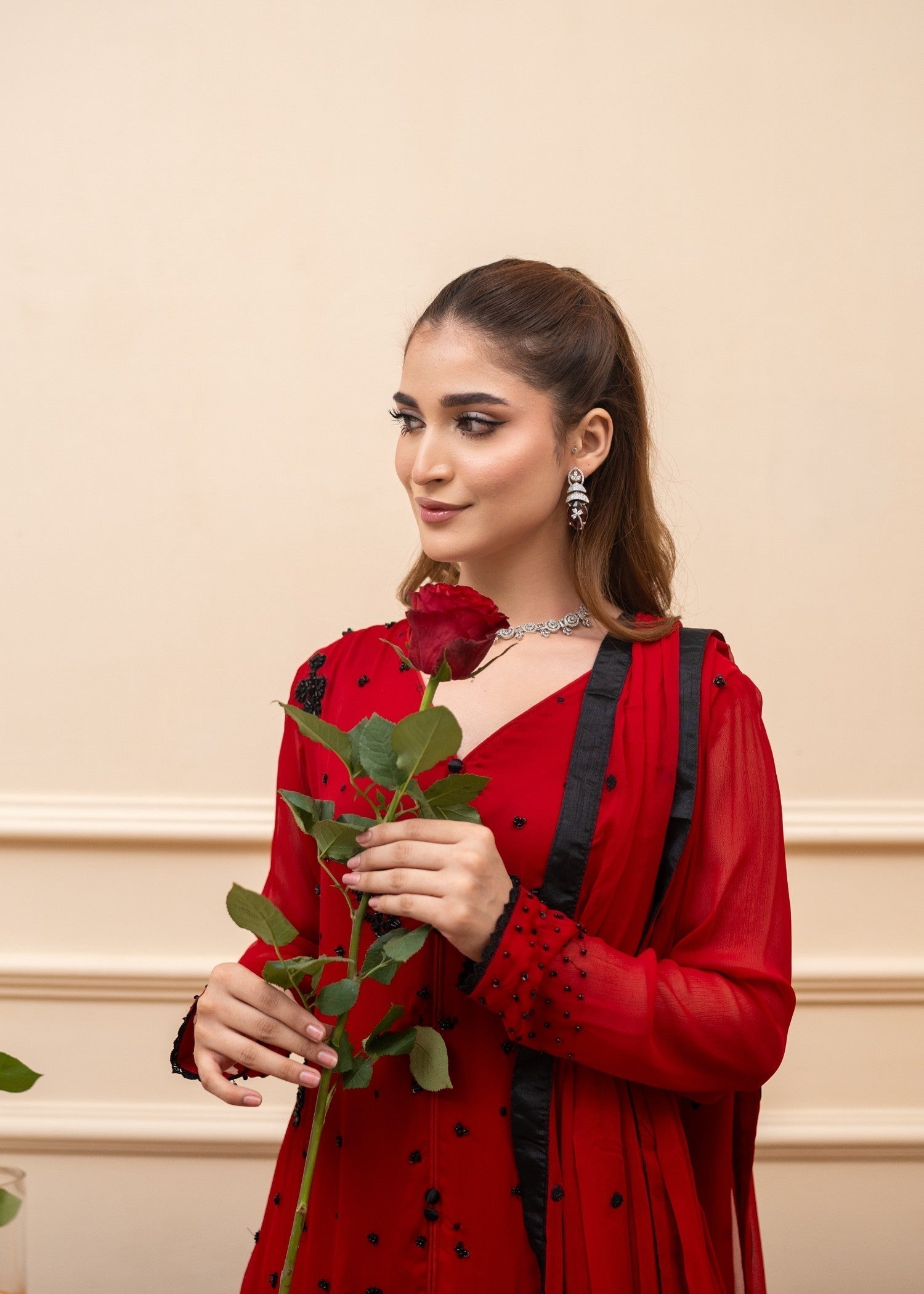 Alyssa RED CHIFFON SUIT ALL115 Women 3pcs