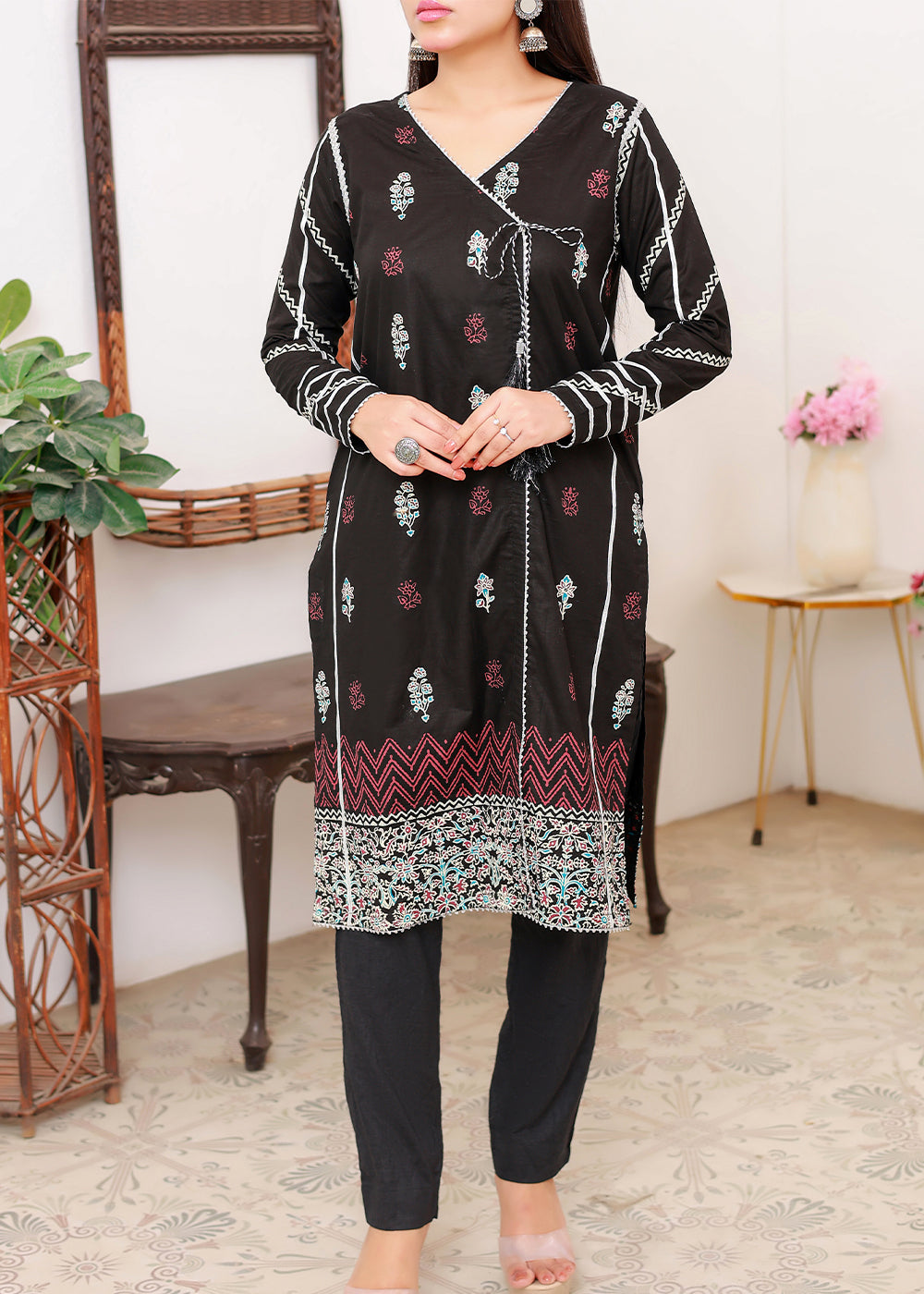 Green Black lawn block print stitched kurti Women 1pcs