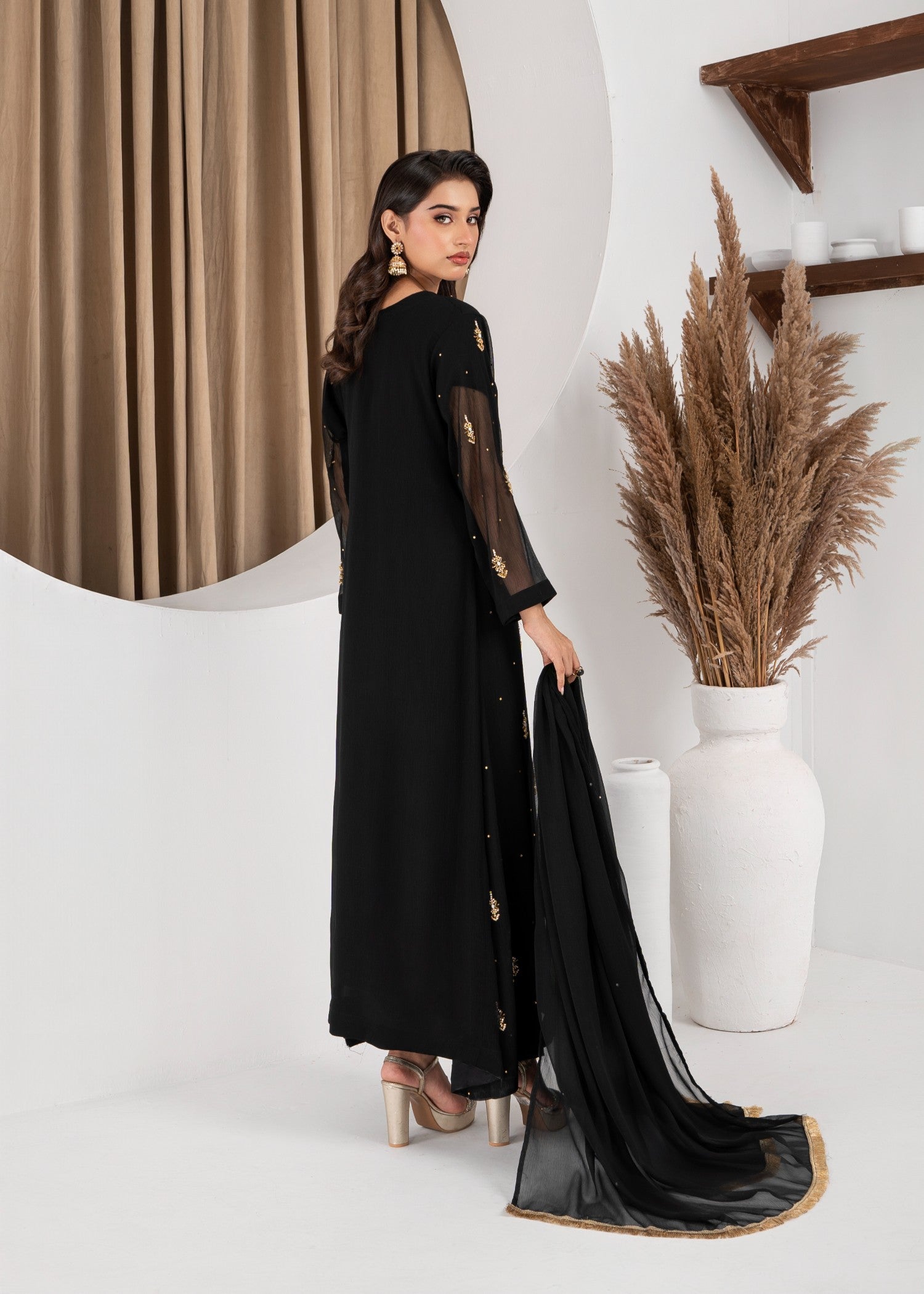 Hkb Officials Jasmine Black Chiffon Flare Frock Women 3pcs