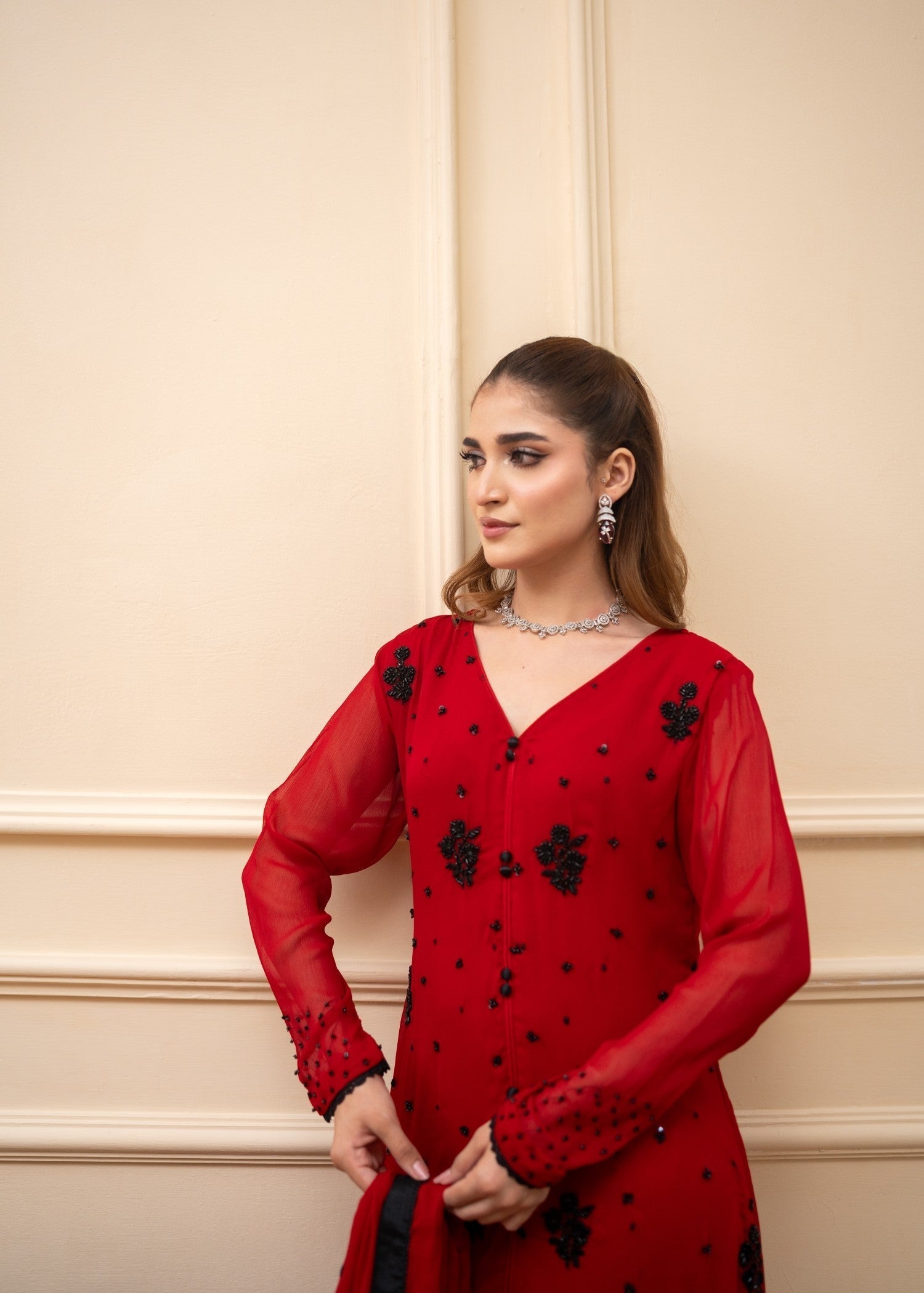 Alyssa RED CHIFFON SUIT ALL115 Women 3pcs