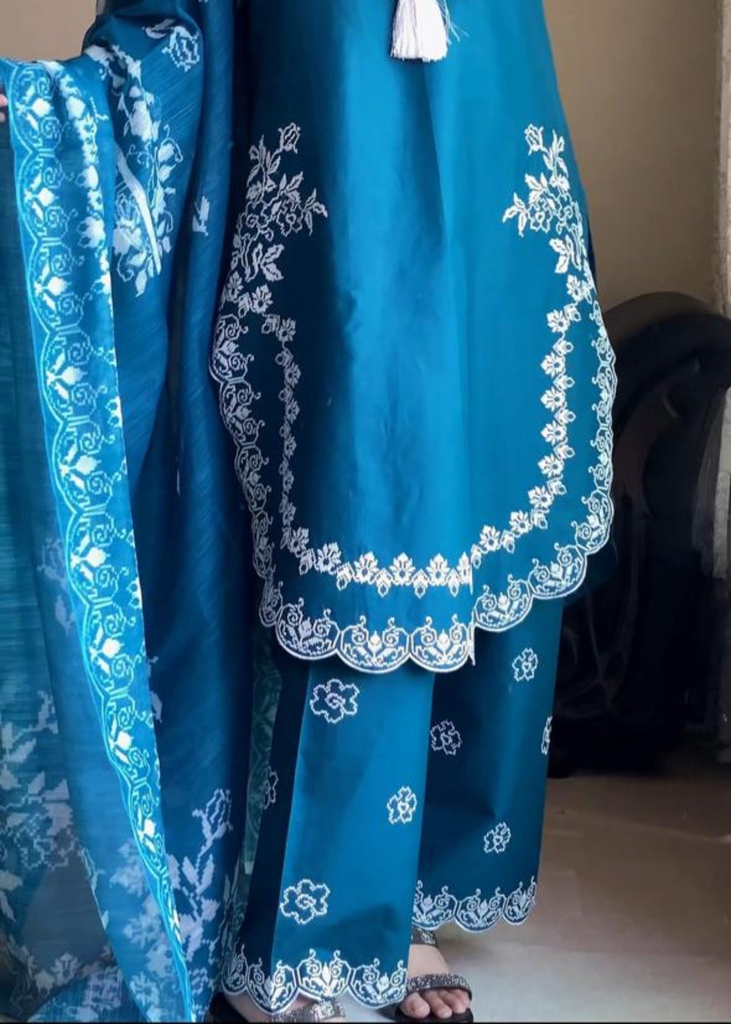 Attirepret Sapphire Blue Embroidered Cotton Suit Women 3pcs