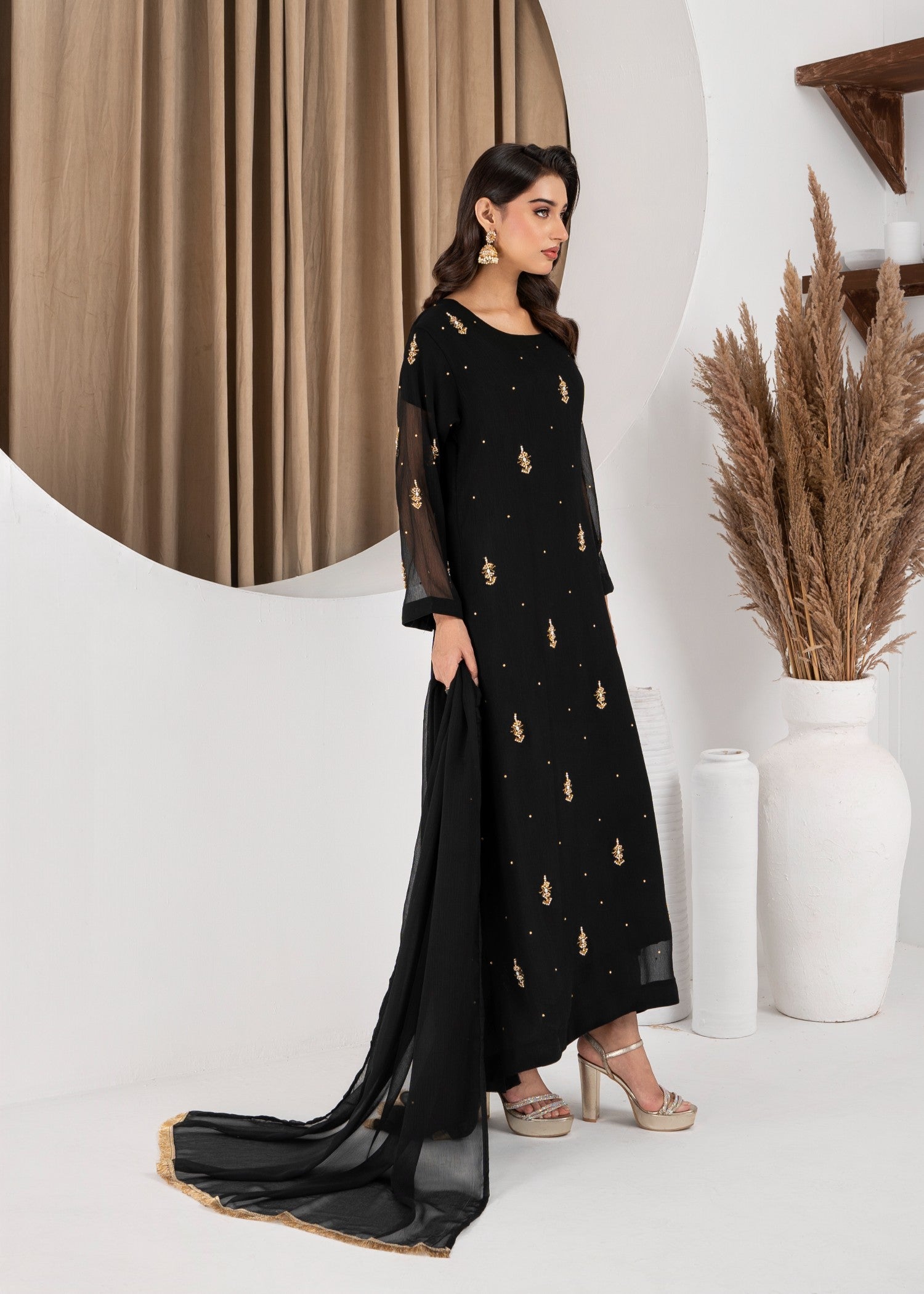 Hkb Officials Jasmine Black Chiffon Flare Frock Women 3pcs