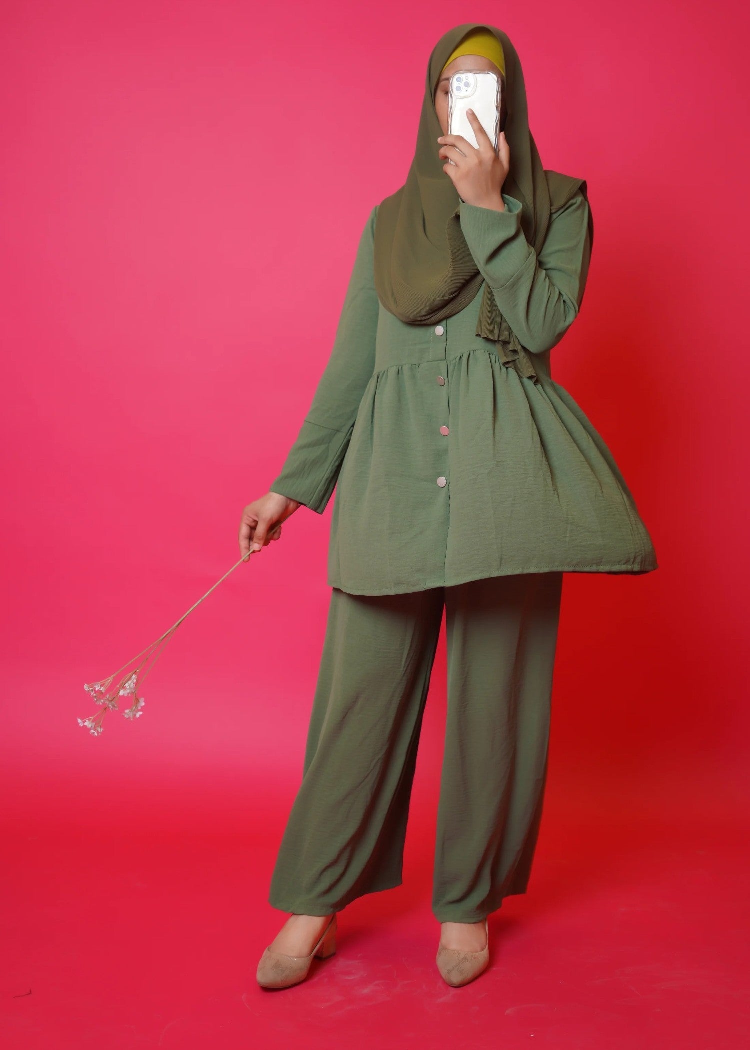 Al Rubab Collection Iris Frock Style Co Ord Set Moss Green Women 2pcs