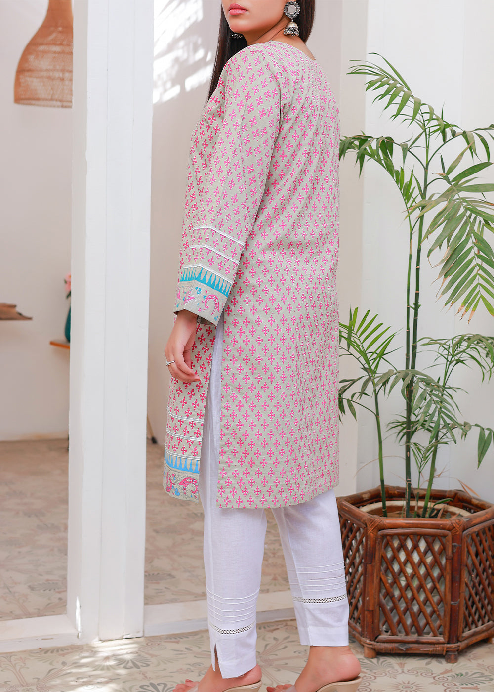 Green Block print Kurti Stitched Ash grey Women 1pcs